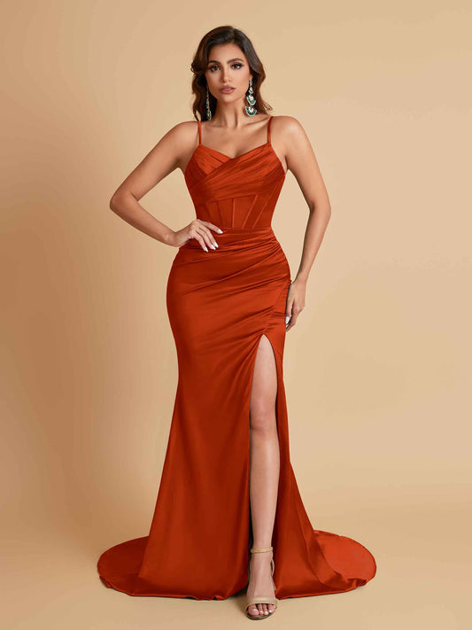 Sexy Spaghetti Straps V Neck Soft Satin Side Slit Floor-Length Mermaid Bridesmaid Dresses