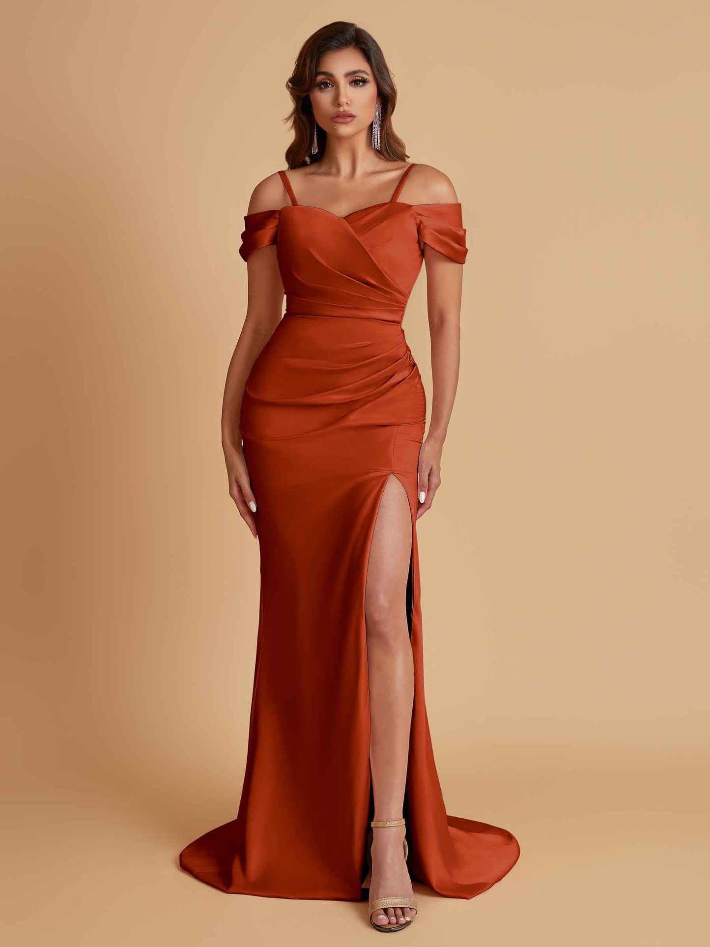 Sexy Soft Satin Mermaid Cold Shoulder Side Slit Floor-Length Bridesmaid Dresses Online