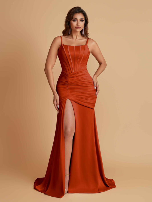 Sexy Soft Satin Mermaid Spaghetti Straps Side Slit Floor-Length Bridesmaid Dresses