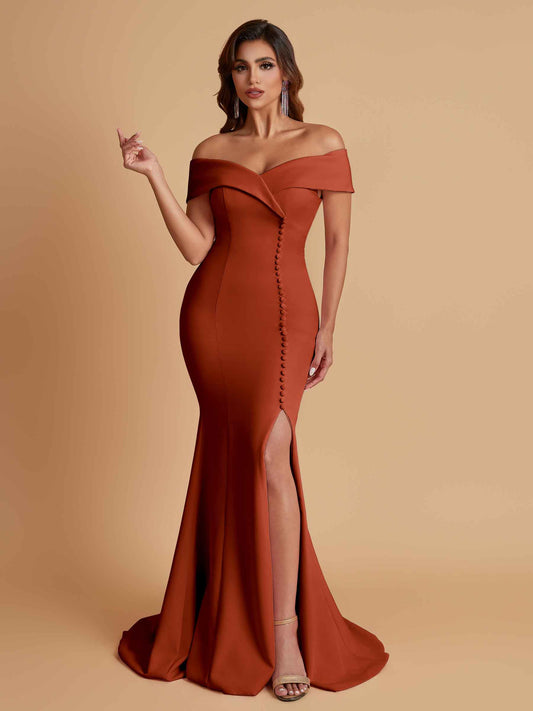 Elegant Soft Satin Mermaid Off Shoulder Side Slit Floor-Length Bridesmaid Dresses