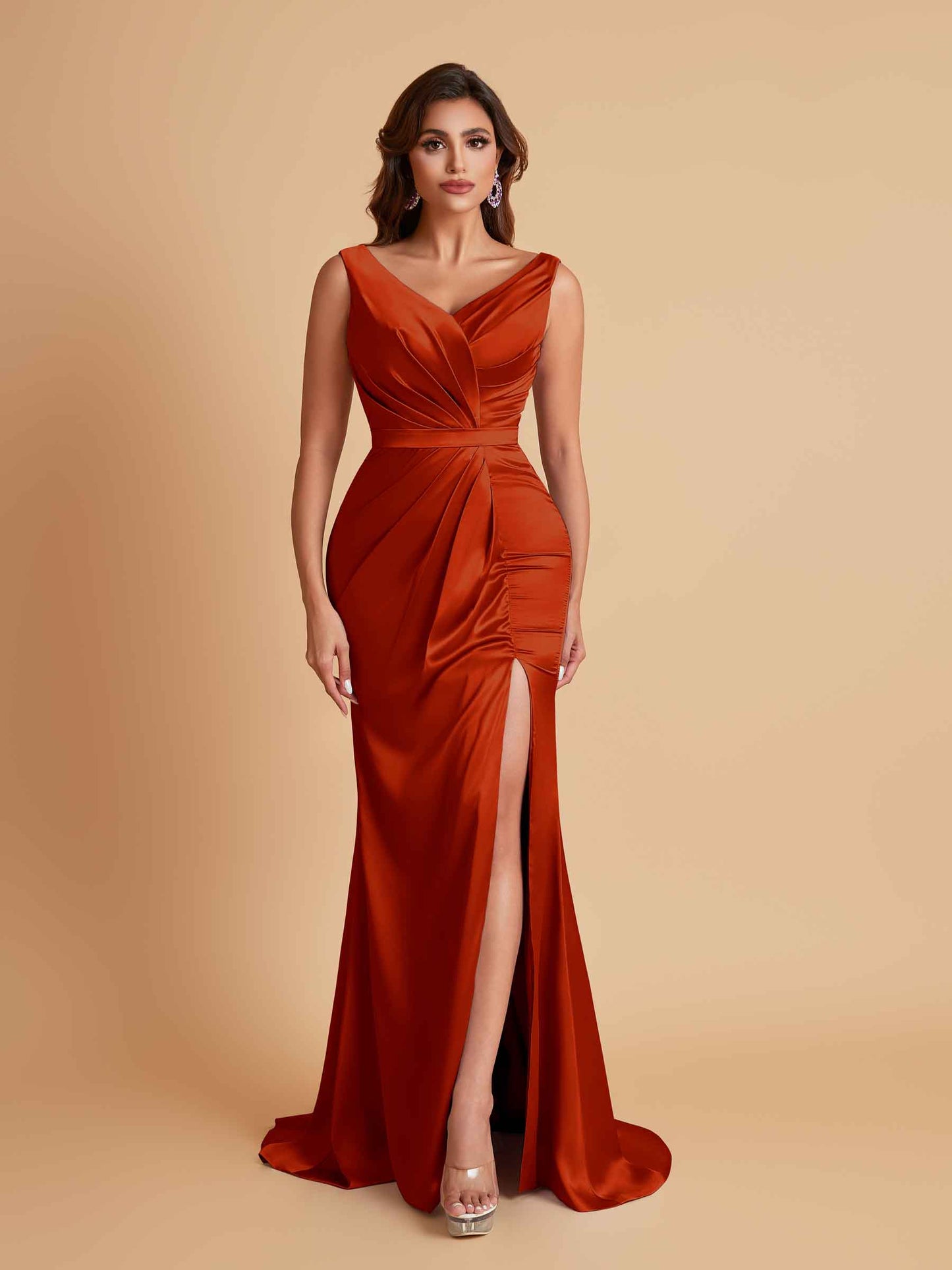 Elegant V Neck Soft Satin Side Slit Floor-Length Mermaid Bridesmaid Dresses