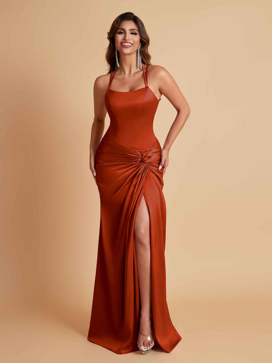 Gorgeous Square Criss Cross Soft Satin Side Slit Floor-Length Mermaid Bridesmaid Dresses
