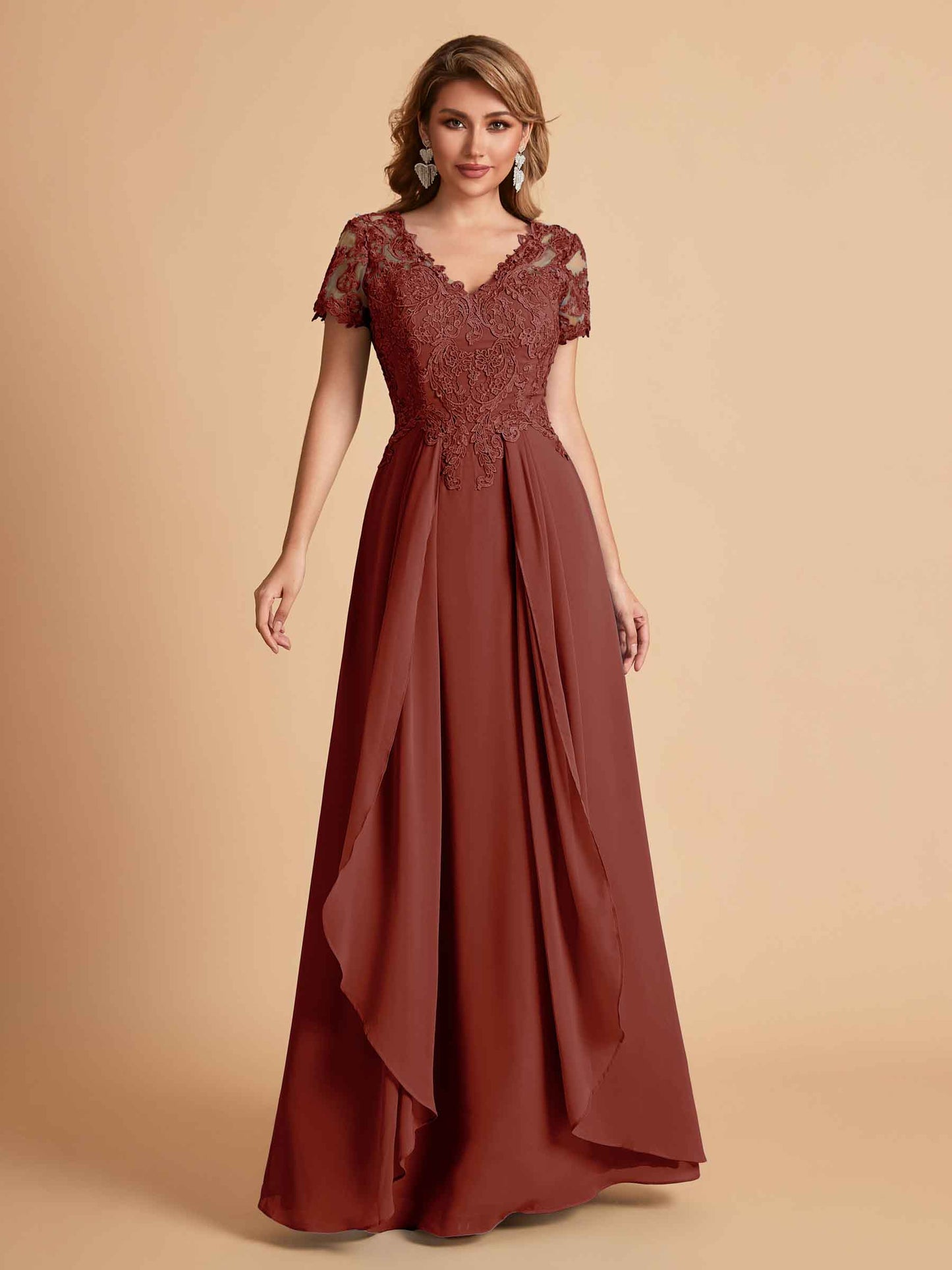 Elegant A-Line Chiffon Short Sleeves V-neck Mother of the Brides Dresses Lace Top MOB Dresses