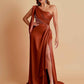 Sexy Soft Satin Mermaid One Shoulder Asymmetrical Side Slit Floor-Length Bridesmaid Dresses