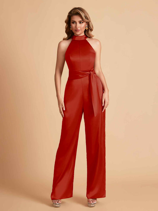 Elegant Satin Halter Sleeveless Satin Floor Length Bridesmaid Jumpsuit