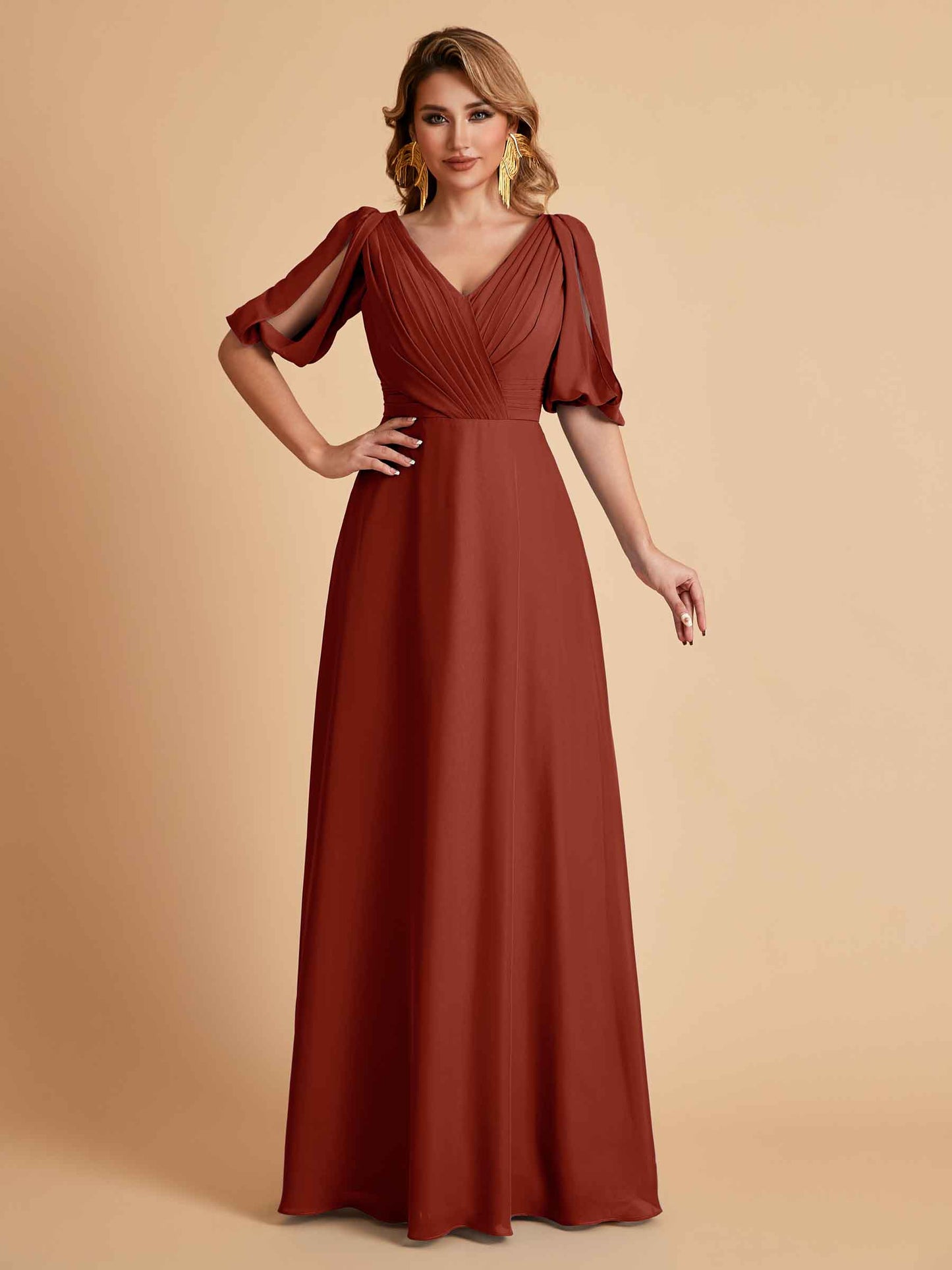 Elegant A-Line Chiffon Half Sleeves V-Neck Mother of the Brides Dresses Online