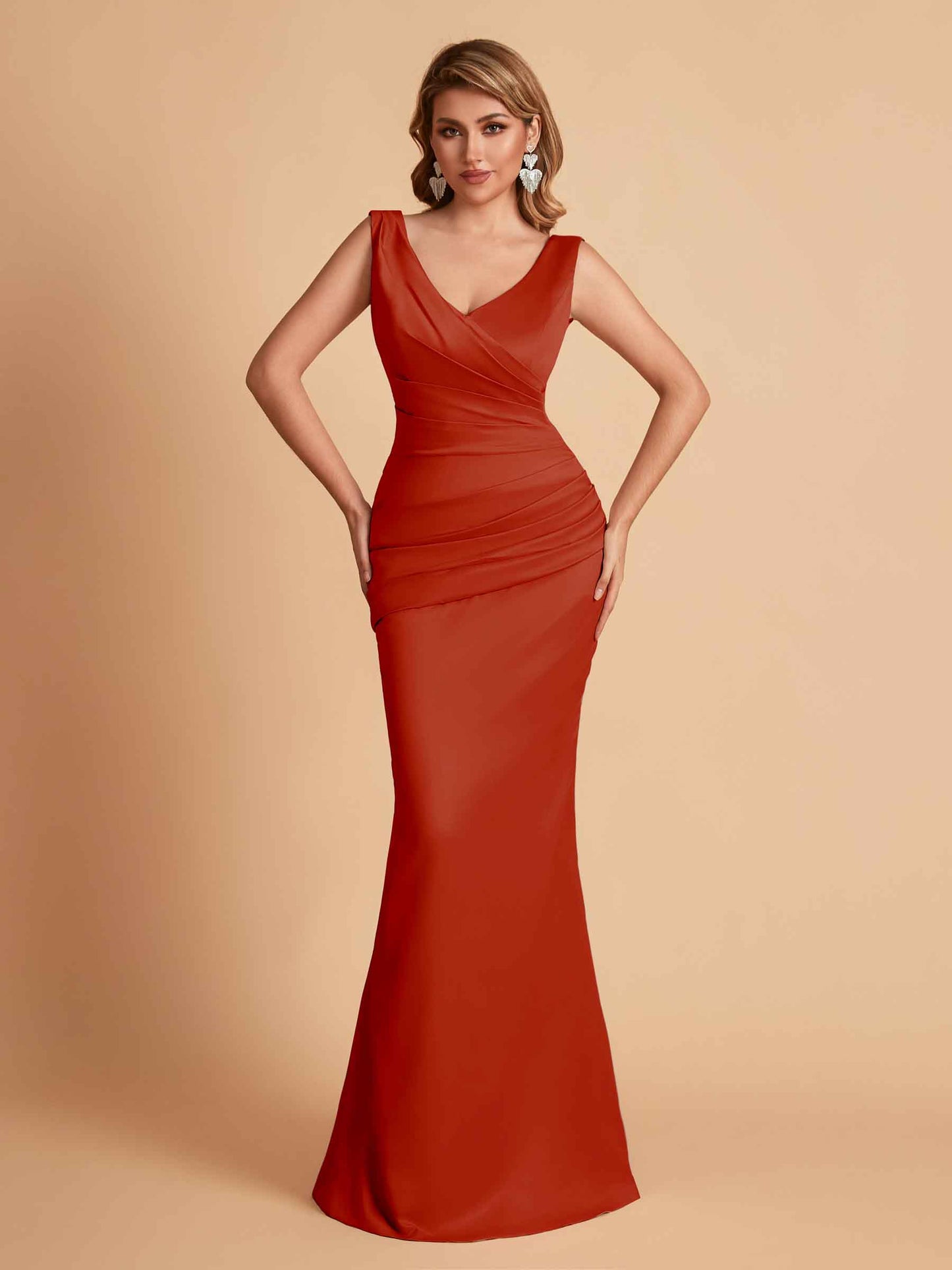 Elegant Satin V-neck Sleeveless Mermaid Floor Length Bridesmaid Dresses