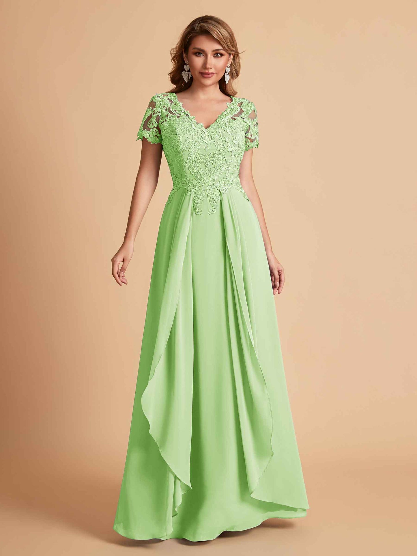 Elegant A-Line Chiffon Short Sleeves V-neck Mother of the Brides Dresses Lace Top MOB Dresses