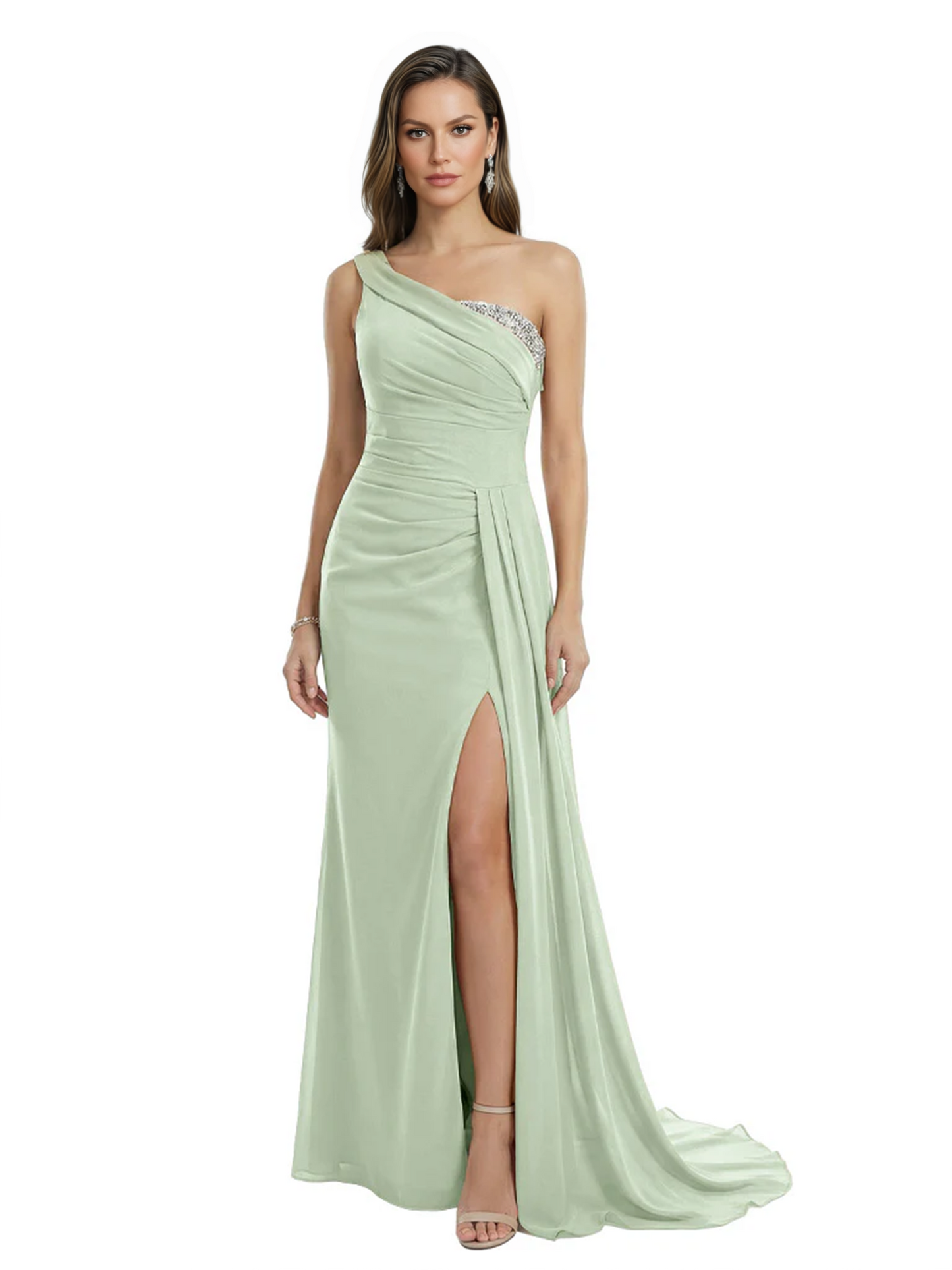 One Shoulder Mother of Bride Dress Ruffle Formal Gowns Mermaid Floor Length Train Slit