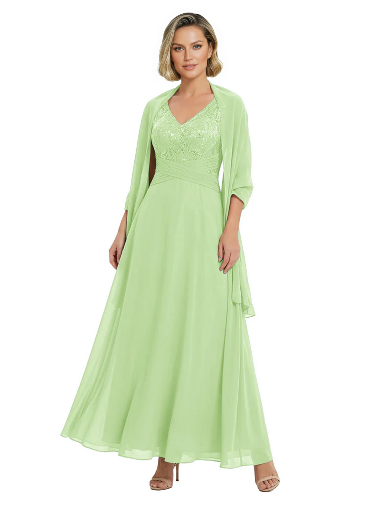 Luxury Formal Mother of Bride Dress Sparkling Sequin Top & Flowy Chiffon Skirt with Shawl