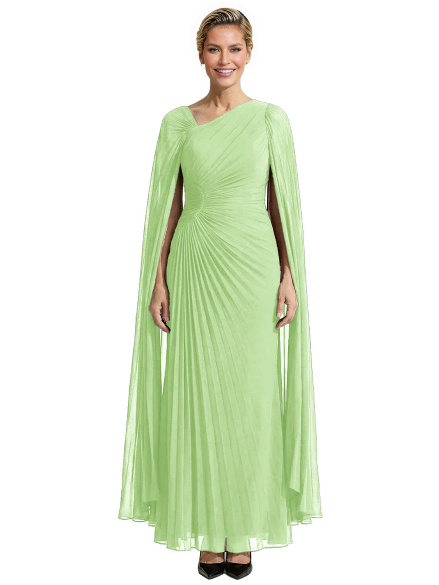 Elegant Asymmetric Neck Long A-Line Chiffon Mother of the Brides Dresses Mom Outfit with Cape