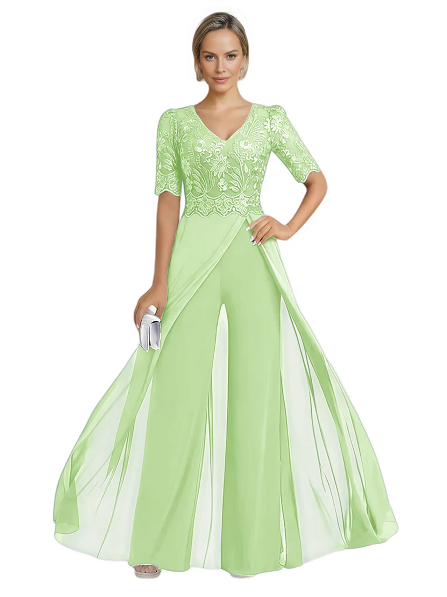 V-Neck Chiffon Mother of the Brides Jumpsuits Dresses Floor Length A-Line Lace