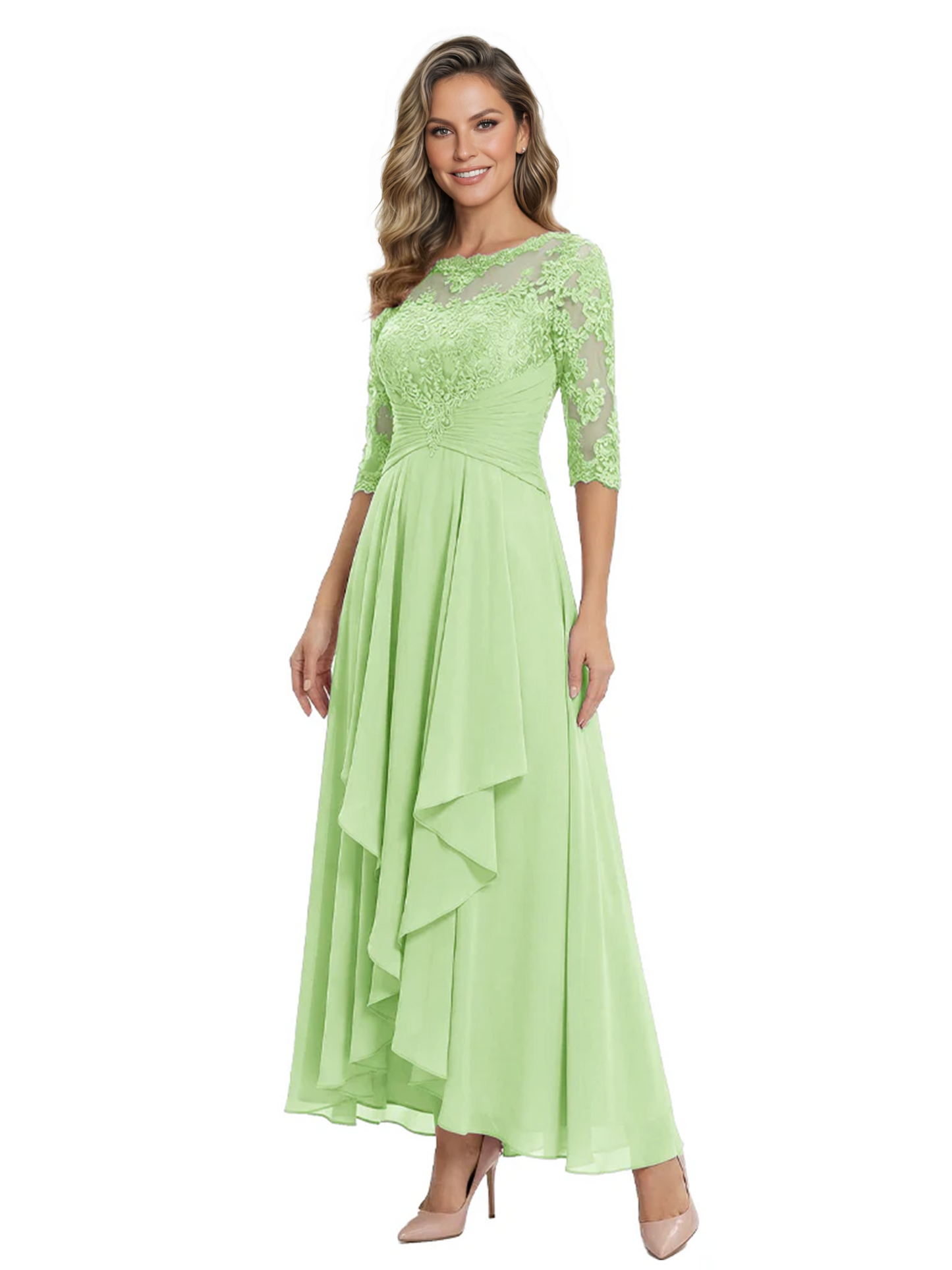 3/4 Sleeve Mother of the Bride Dress with Lace Embroidery High-Low Hem 2026