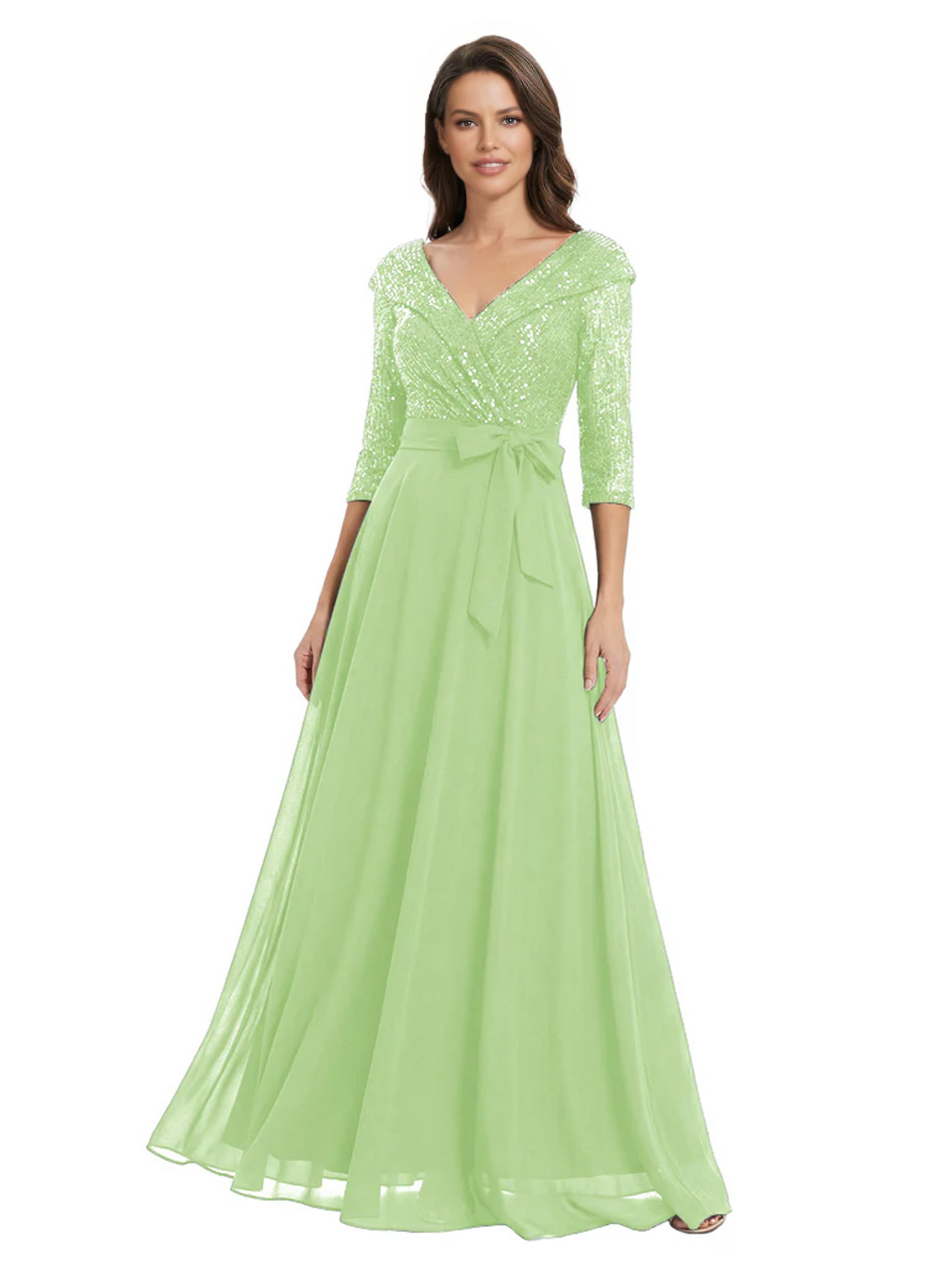 Chiffon Mother of the Bride Dress with Sequin V-Neck and Elegant Bow Sash