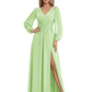 A-Line Mother of Bride Dress V-Neck Chiffon Gown Long Sleeves Slit Formal Dress