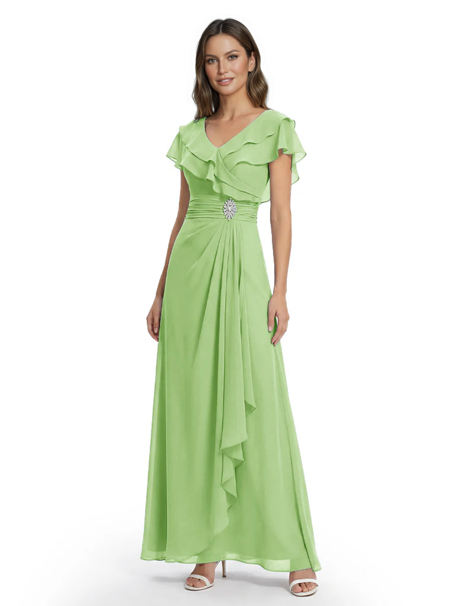 Elegant Mother of the Groom Dress Cascading Ruffle Chiffon Formal Gown Rhinestone