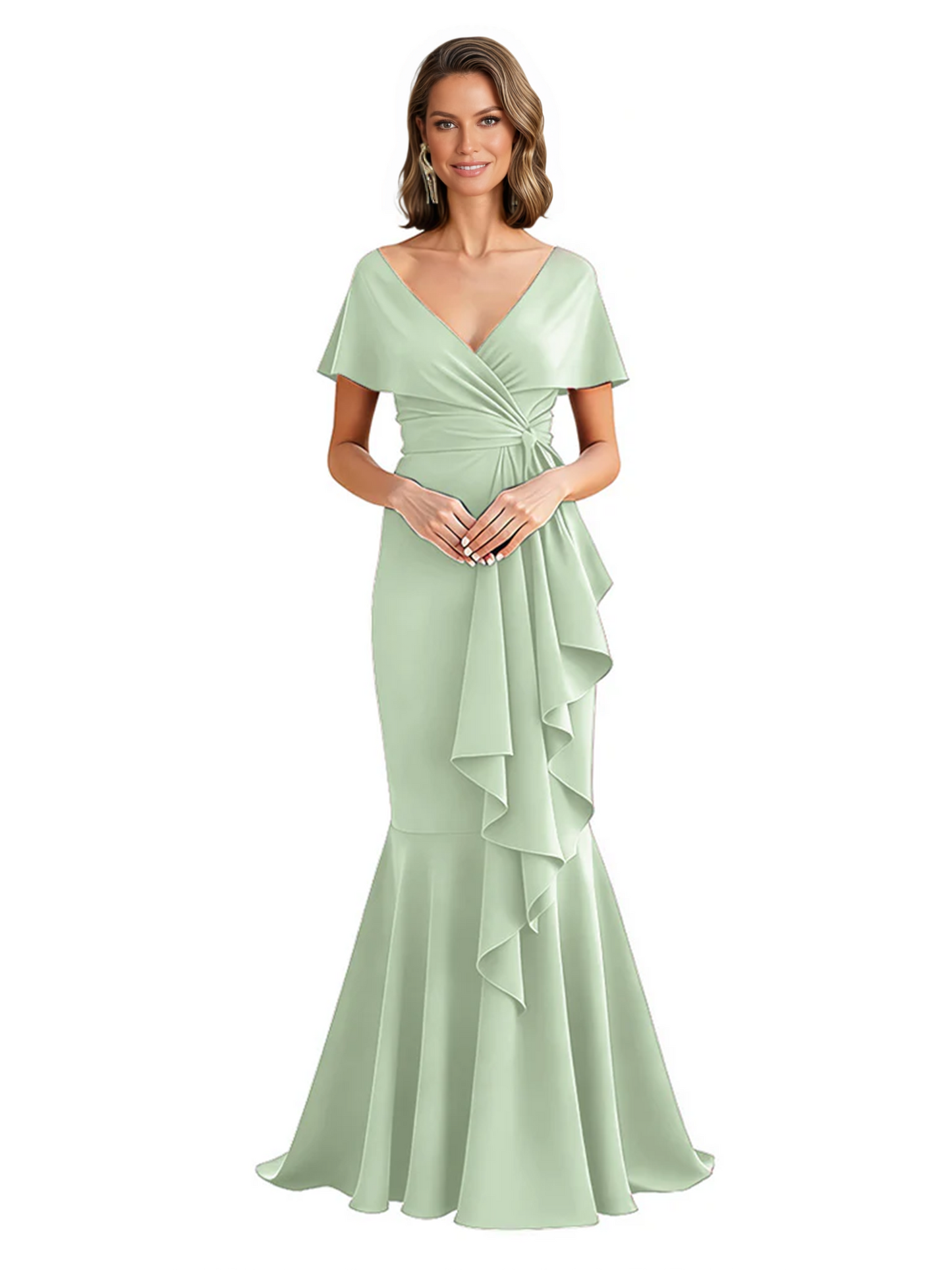 Satin Mother of the Bride Dress with Cascading Ruffles and Mermaid Tail V-Neck