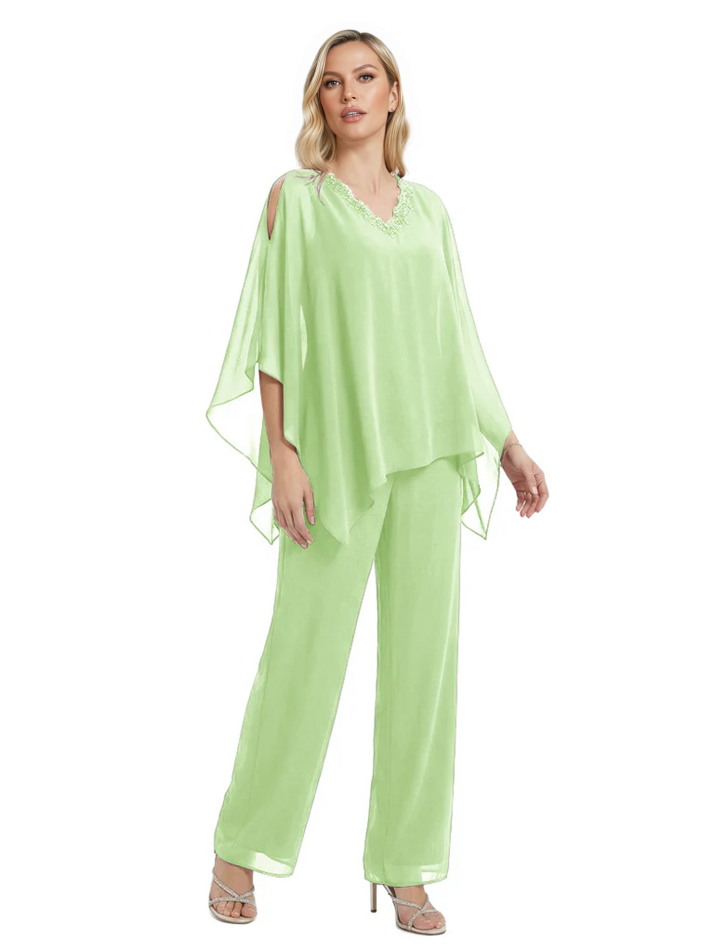 V-Neck Chiffon Mother of the Brides Dresses Plus Size Jacket Suits Wedding