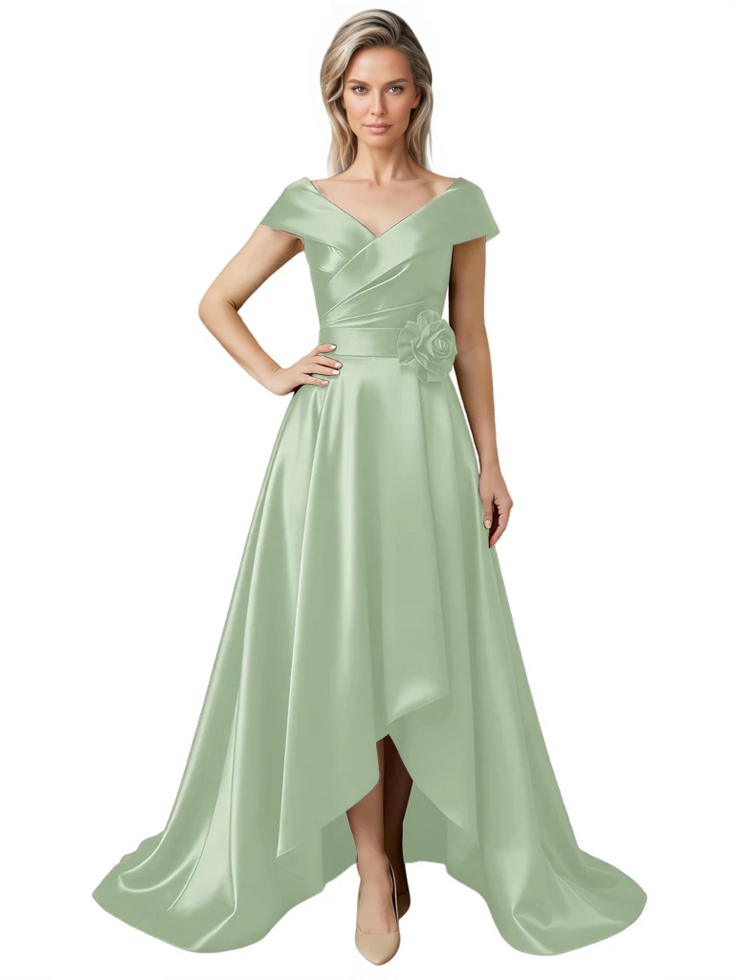 Off Shoulder Mother of the Bride Dress High-Low Satin Gown with Portrait Neckline