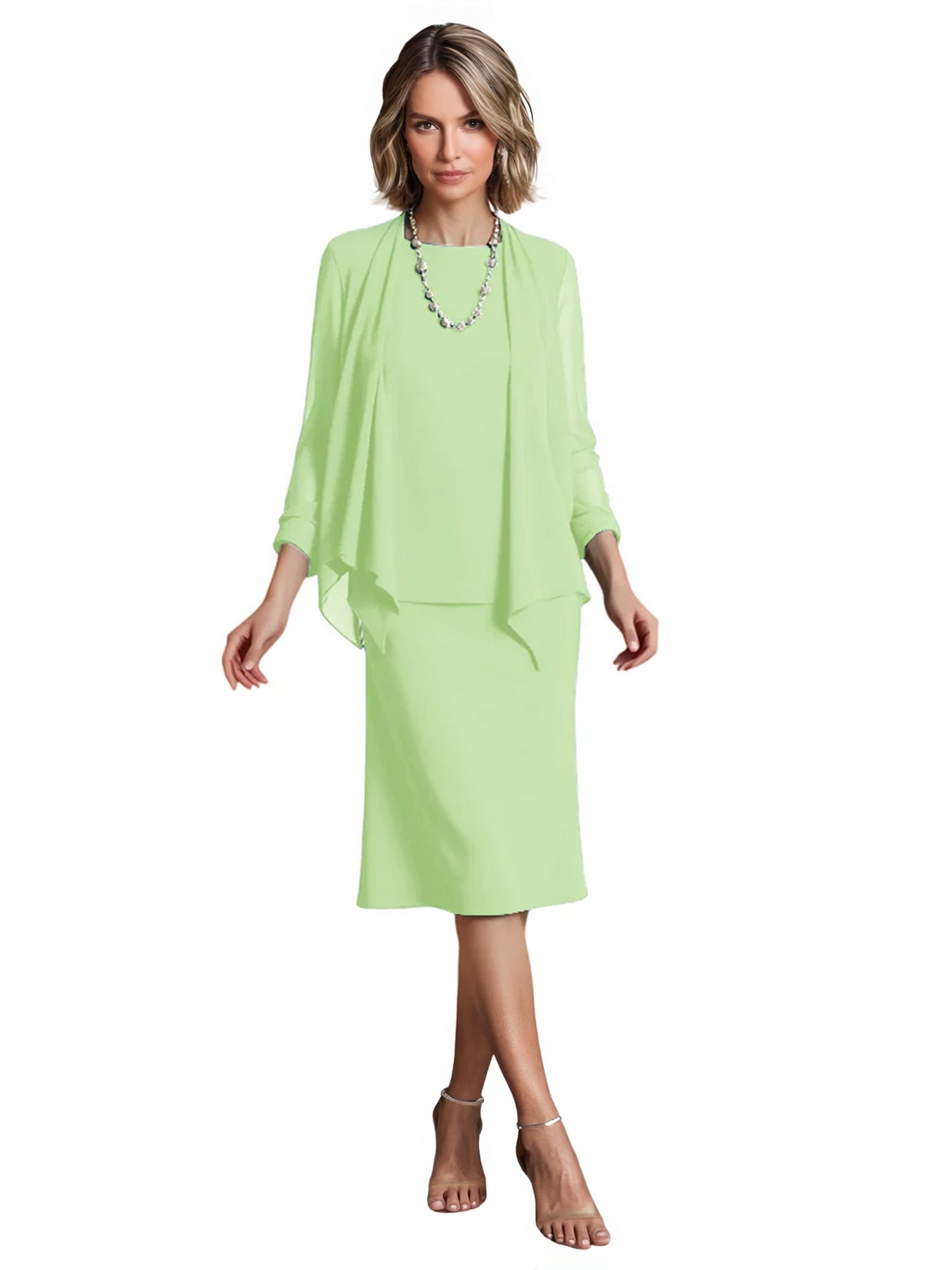 3 PCS Knee-Length Mother of Bride Dresses Prom Dress Evening Dress with Sheer Sleeves and Jacket