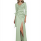 Elegant Evening Gowns Slit Trending Styles Satin Slit Formal Dress Cowl Neckline Gown Tie