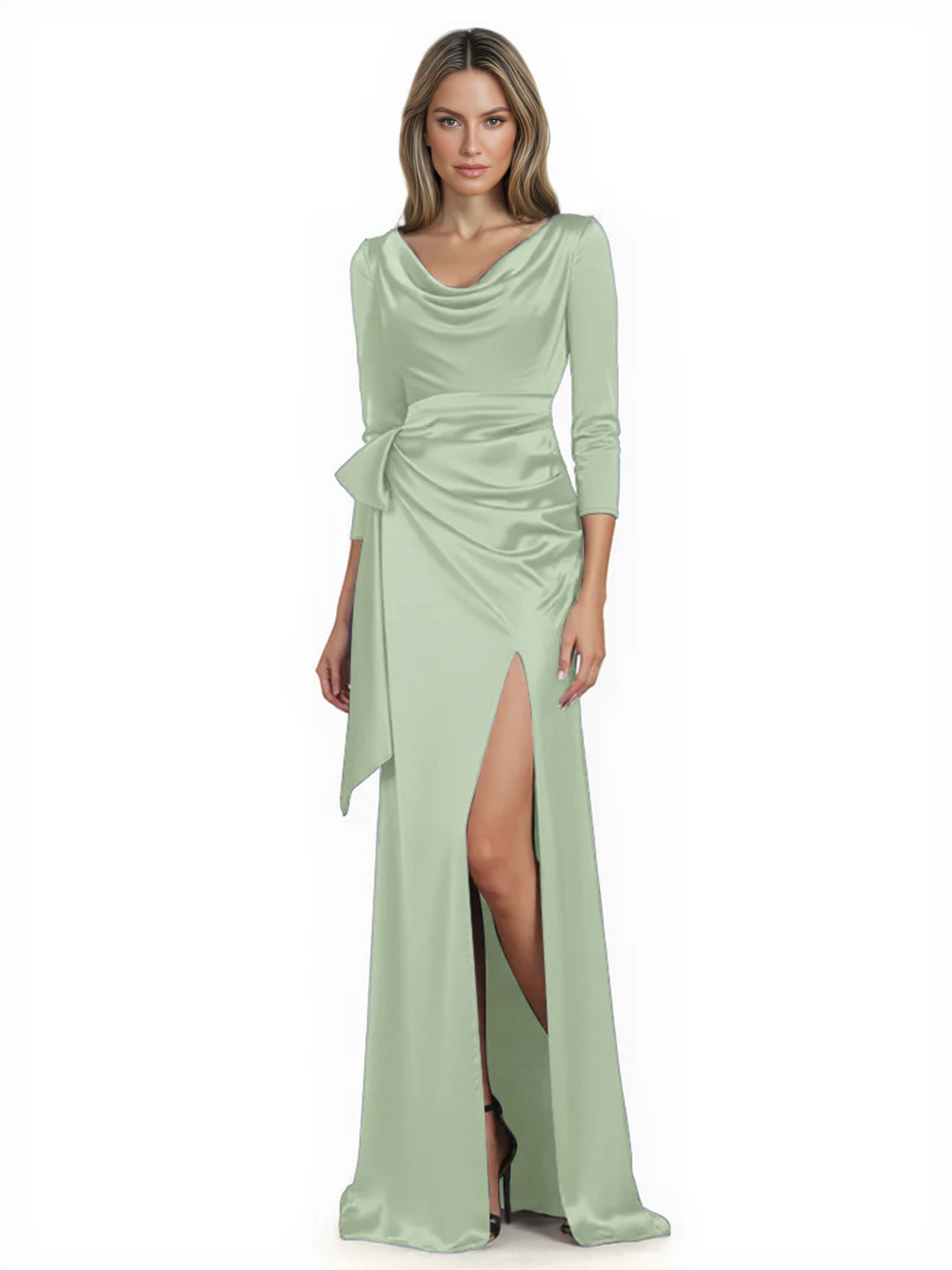 Elegant Evening Gowns Slit Trending Styles Satin Slit Formal Dress Cowl Neckline Gown Tie