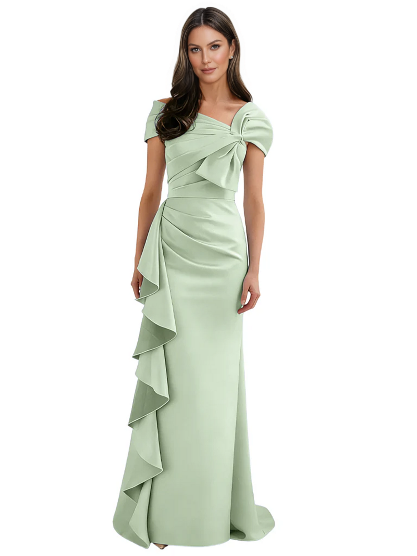 Elegant Mother of Bride Dress Formal Gowns Mermaid Ruffle Floor Length Asymmetric Neckline