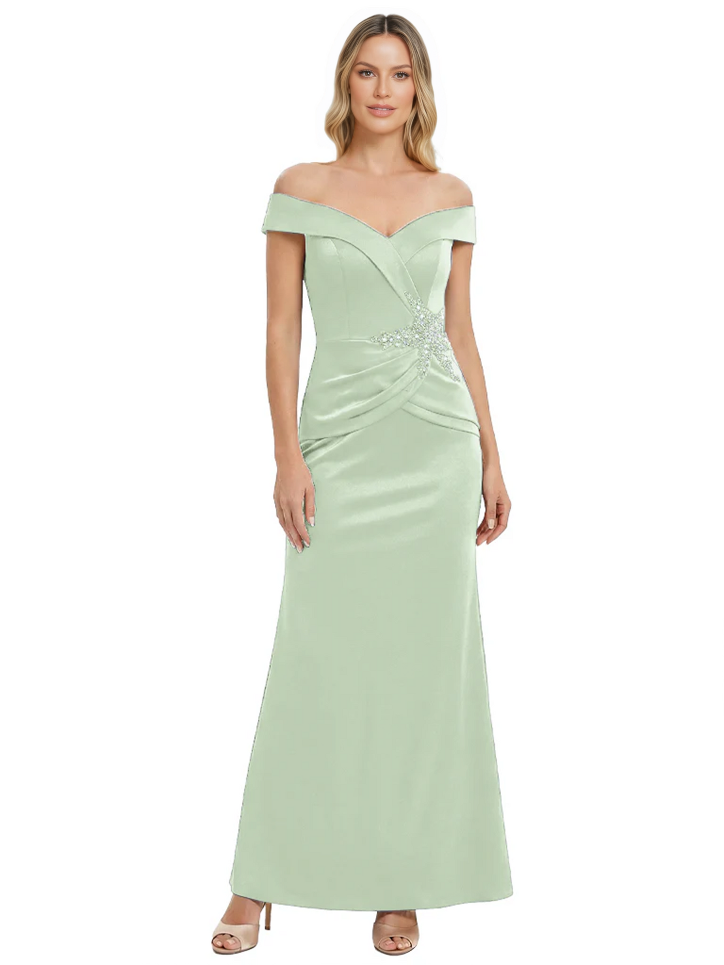 Off Shoulder Mother of the Bride Dress Beaded Waist Satin Gown Portrait Neckline