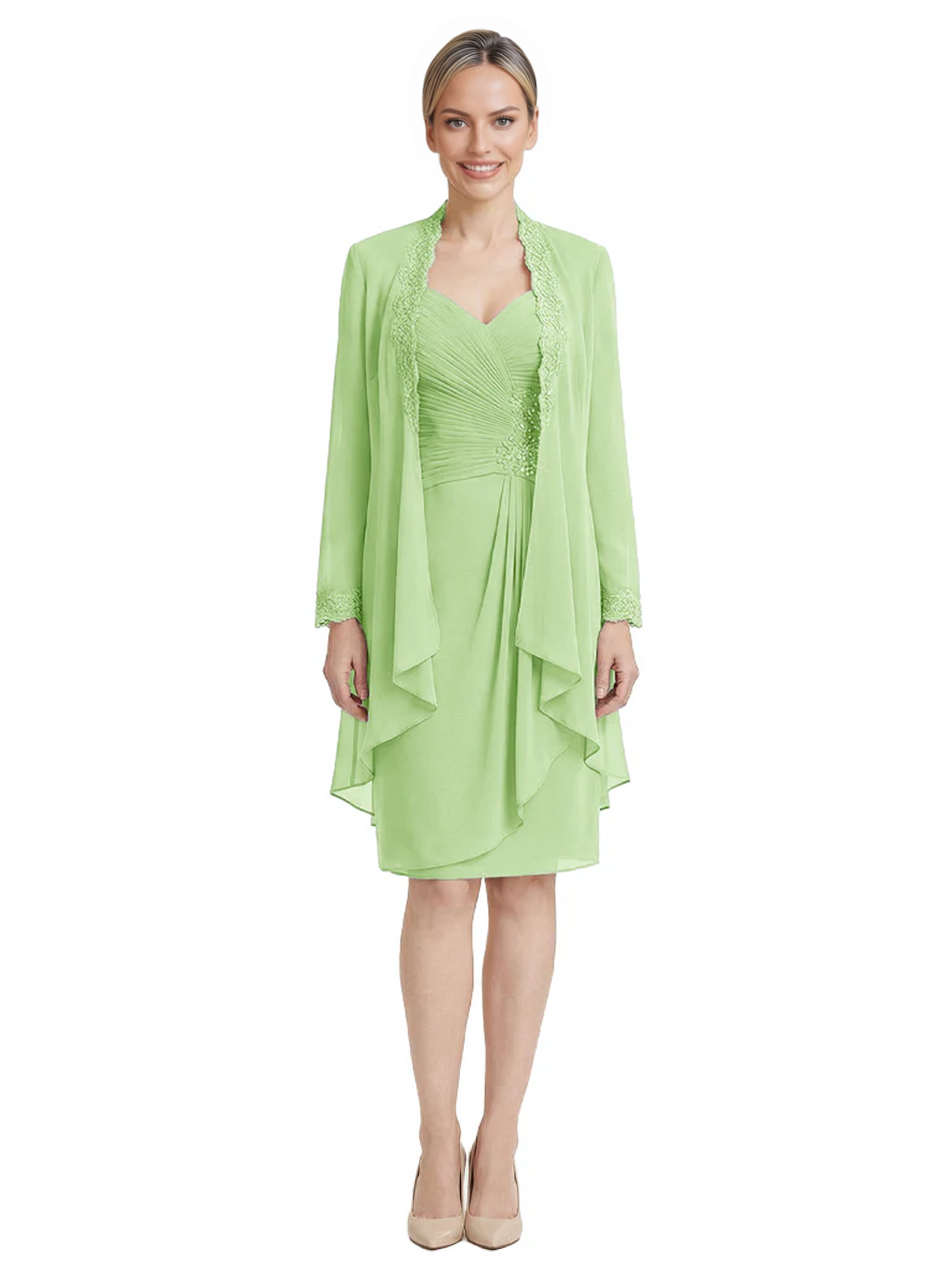 2PCS Knee Length Chiffon Mother of the Brides Dresses Short V-Neck