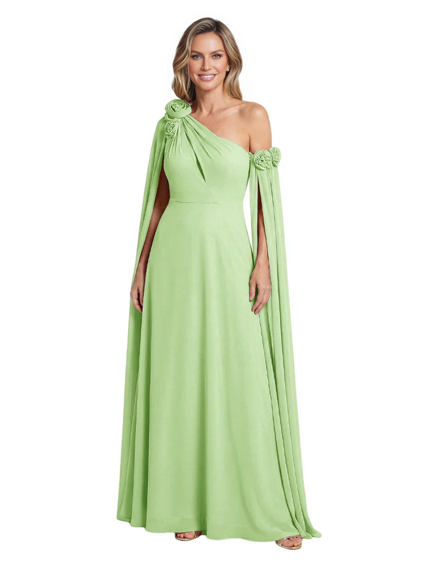 One Shoulder Mother of the Bride Dress Asymmetrical Cape Sleeve Gown with Floral