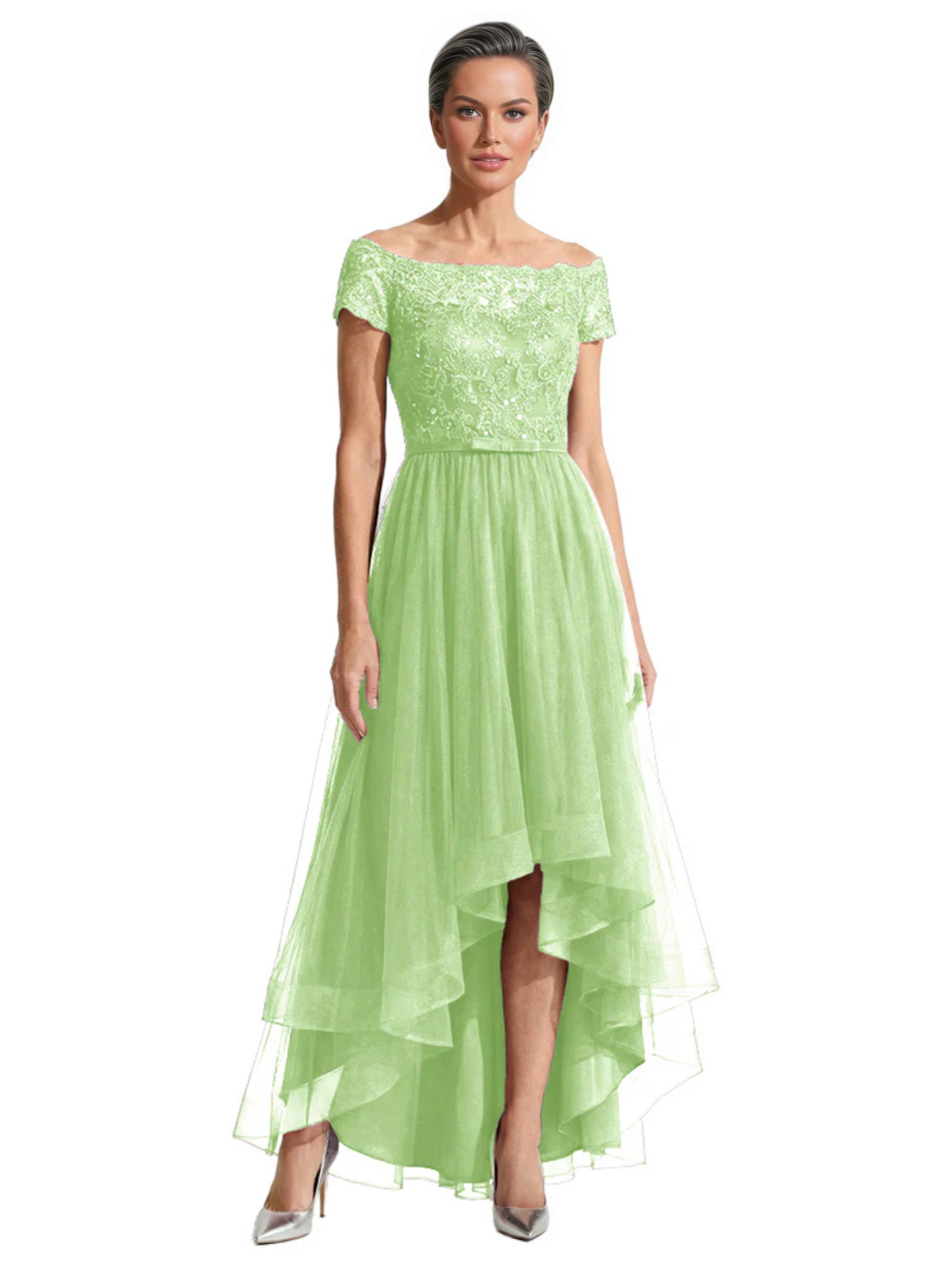 Formal High-Low Mother of the Bride Gown Short Sleeve Lace Maxi Dress with Tiered Skirt