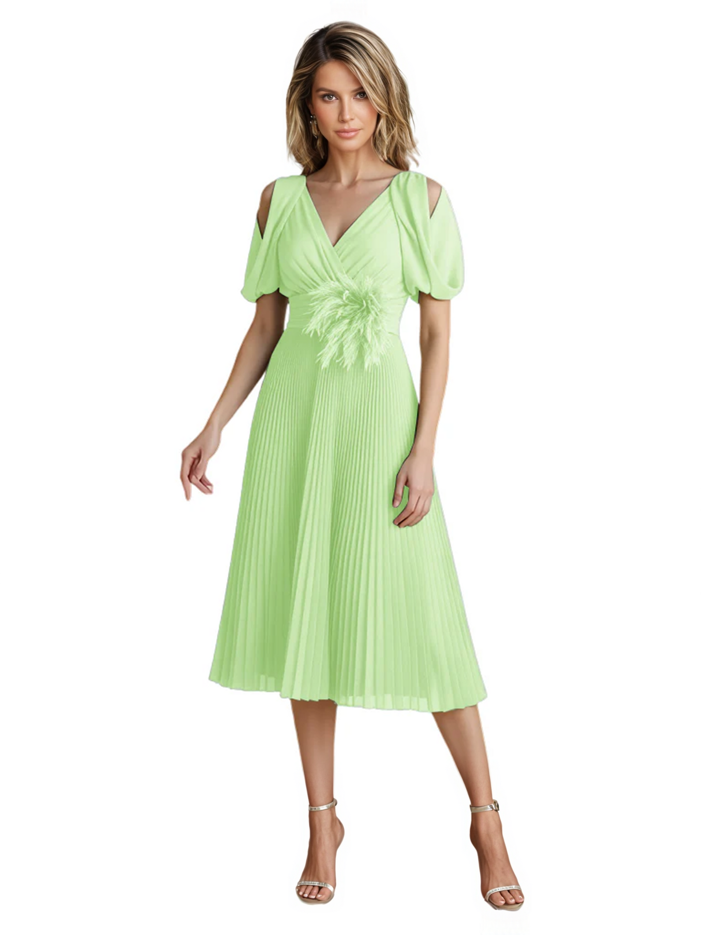 Wedding Formal Dress V-Neck Pleated Chiffon Gown with 3D Flower Accent Knee Length