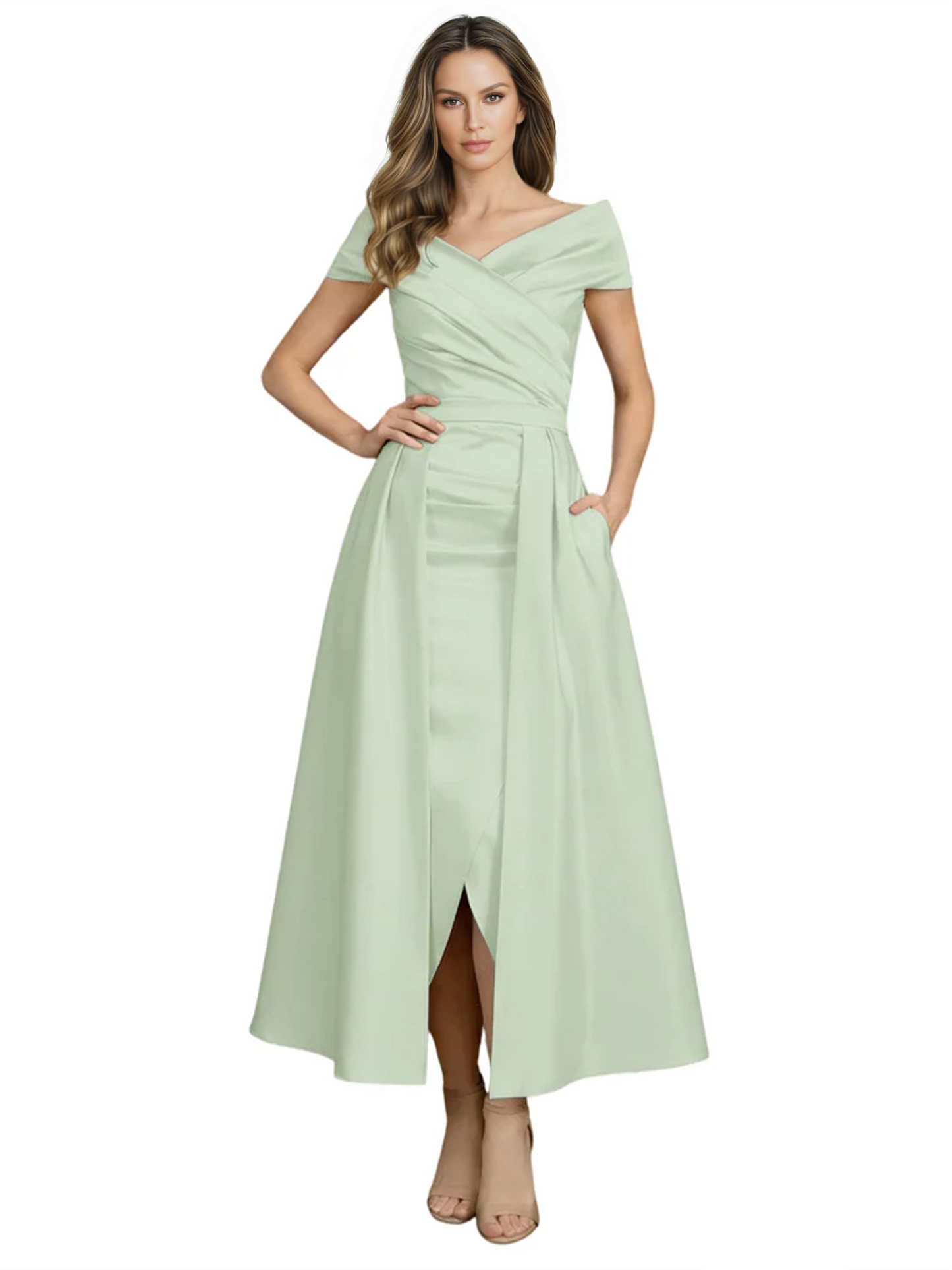 Formal Floor-Length Mother of the Bride Gown Satin Maxi Dress with Slit Off Shoulder