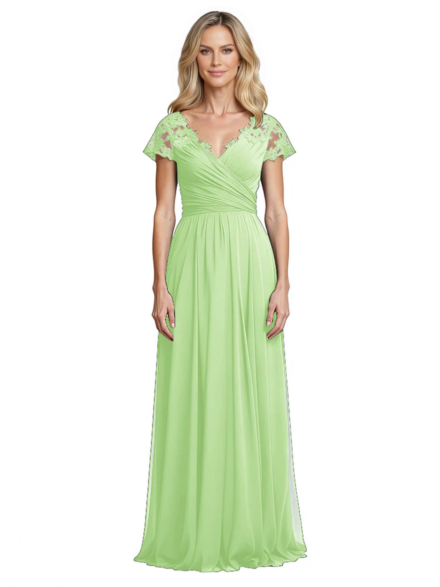 Mother of the Bride Dress Cap Sleeves and V-Neckline with Embroidered Lace Shoulders