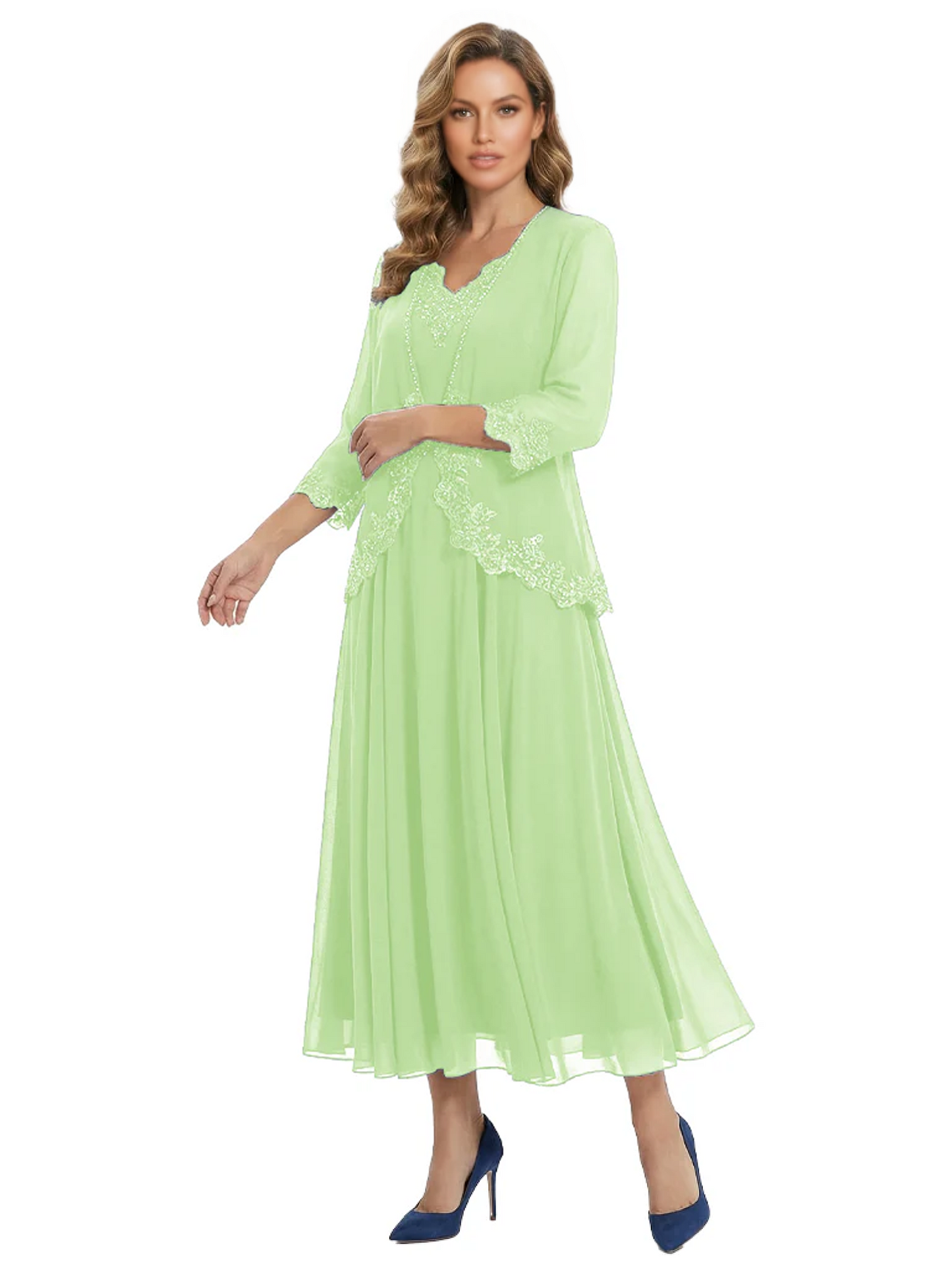 3/4 Sleeve Chiffon Mother of the Brides Dresses V-Neck Wedding Party Gowns