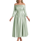 Off Shoulder Mother of the Bride Dress Tea-Length Satin Gown with Lace Applique