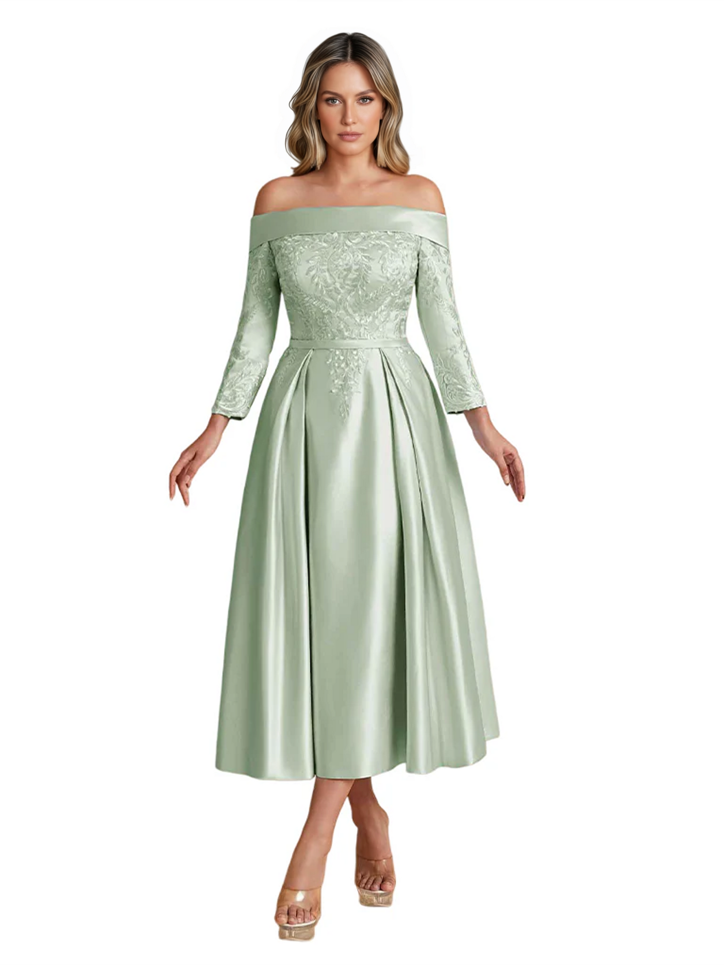 Off Shoulder Mother of the Bride Dress Tea-Length Satin Gown with Lace Applique