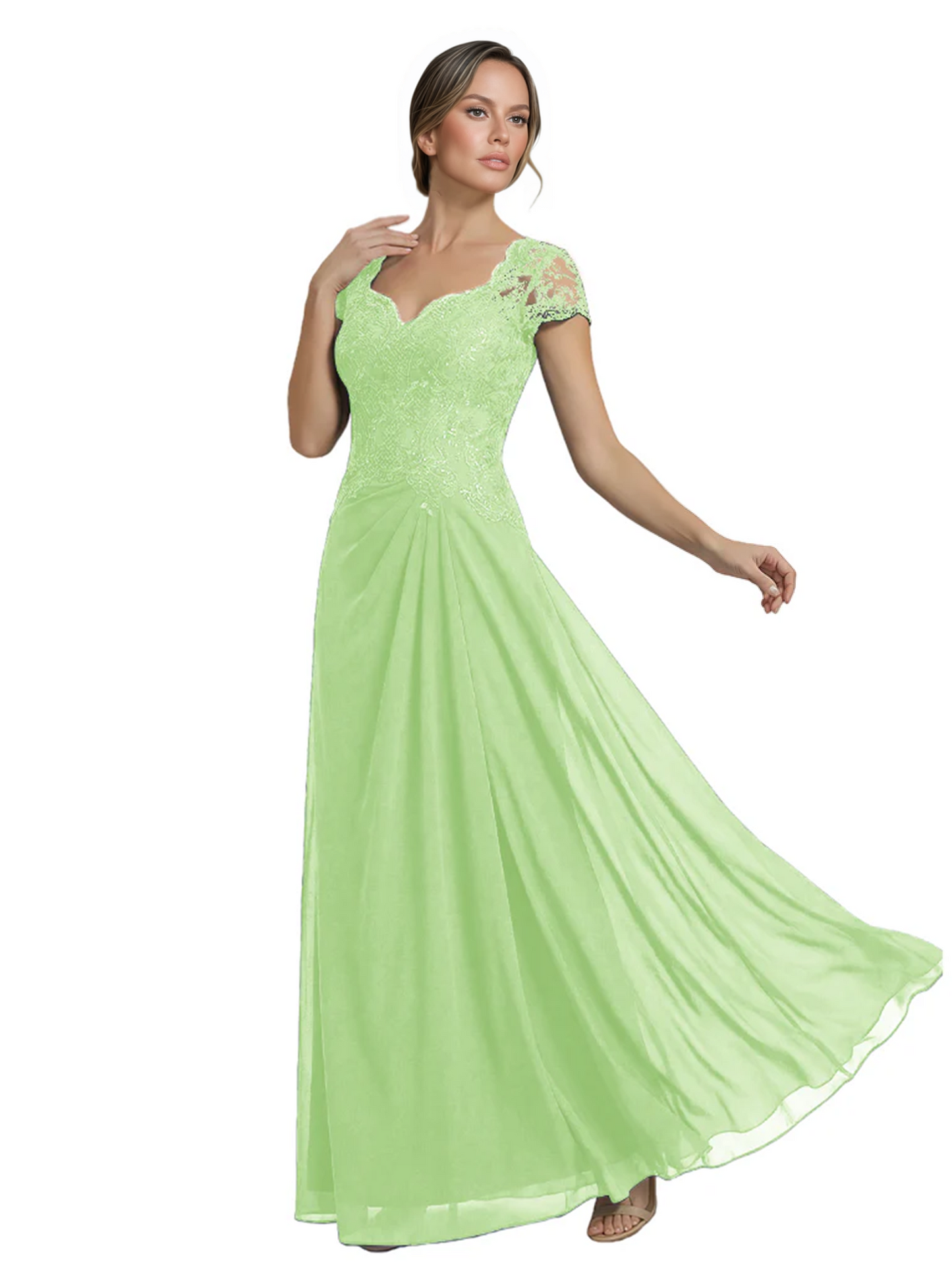 Long A-line Chiffon Short Sleeves Mother of the Brides Dresses Lace Wedding