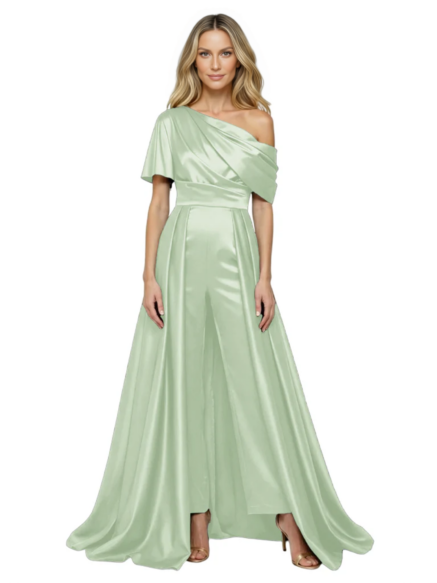 One Shoulder Mother of Bride jumpsuits Formal Gowns Floor Length Detachable Train