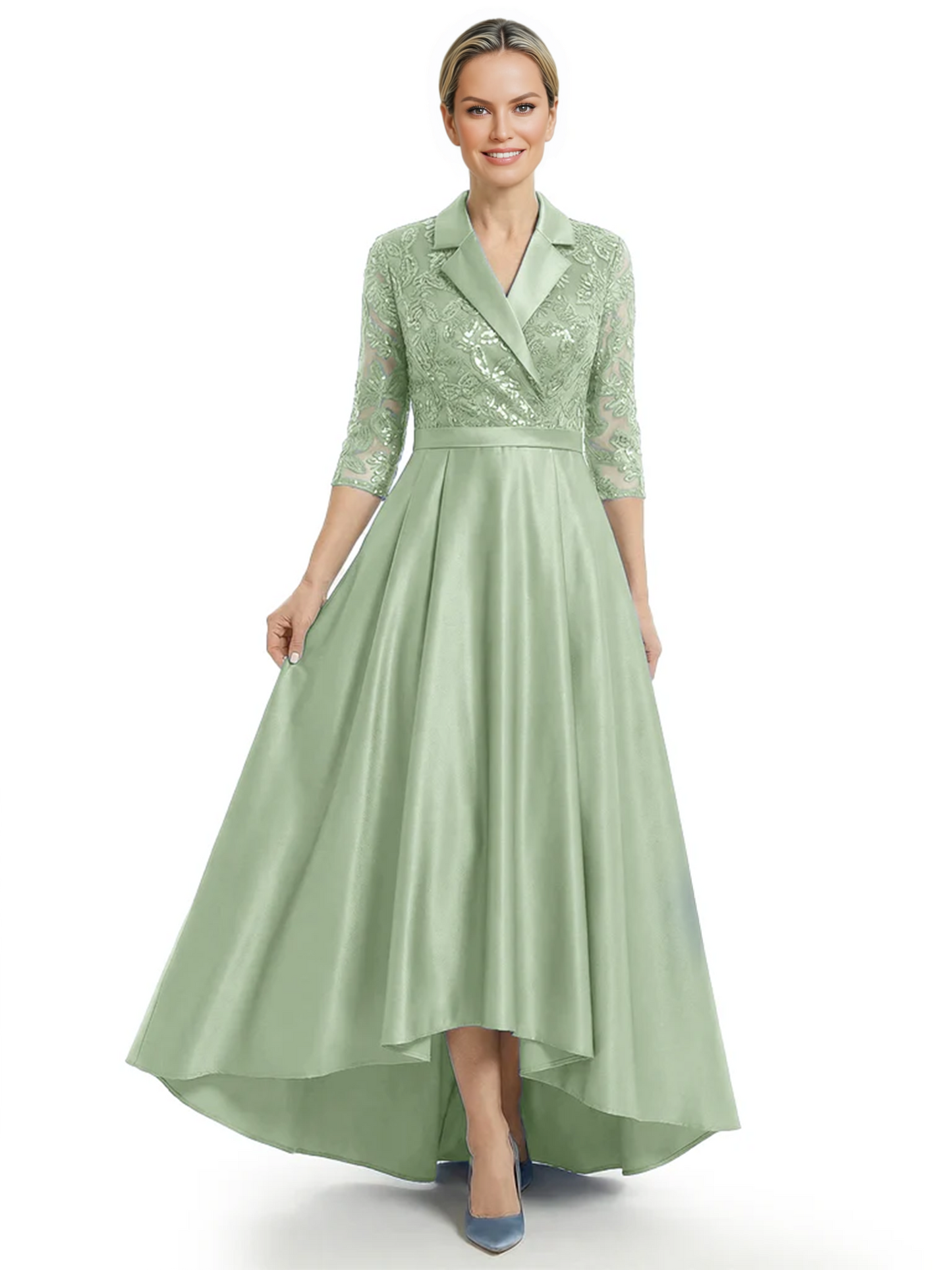 Elegant Mother of Bride Dress Evening Gowns Trending Styles with Lapel Collar 3/4 Sleeves