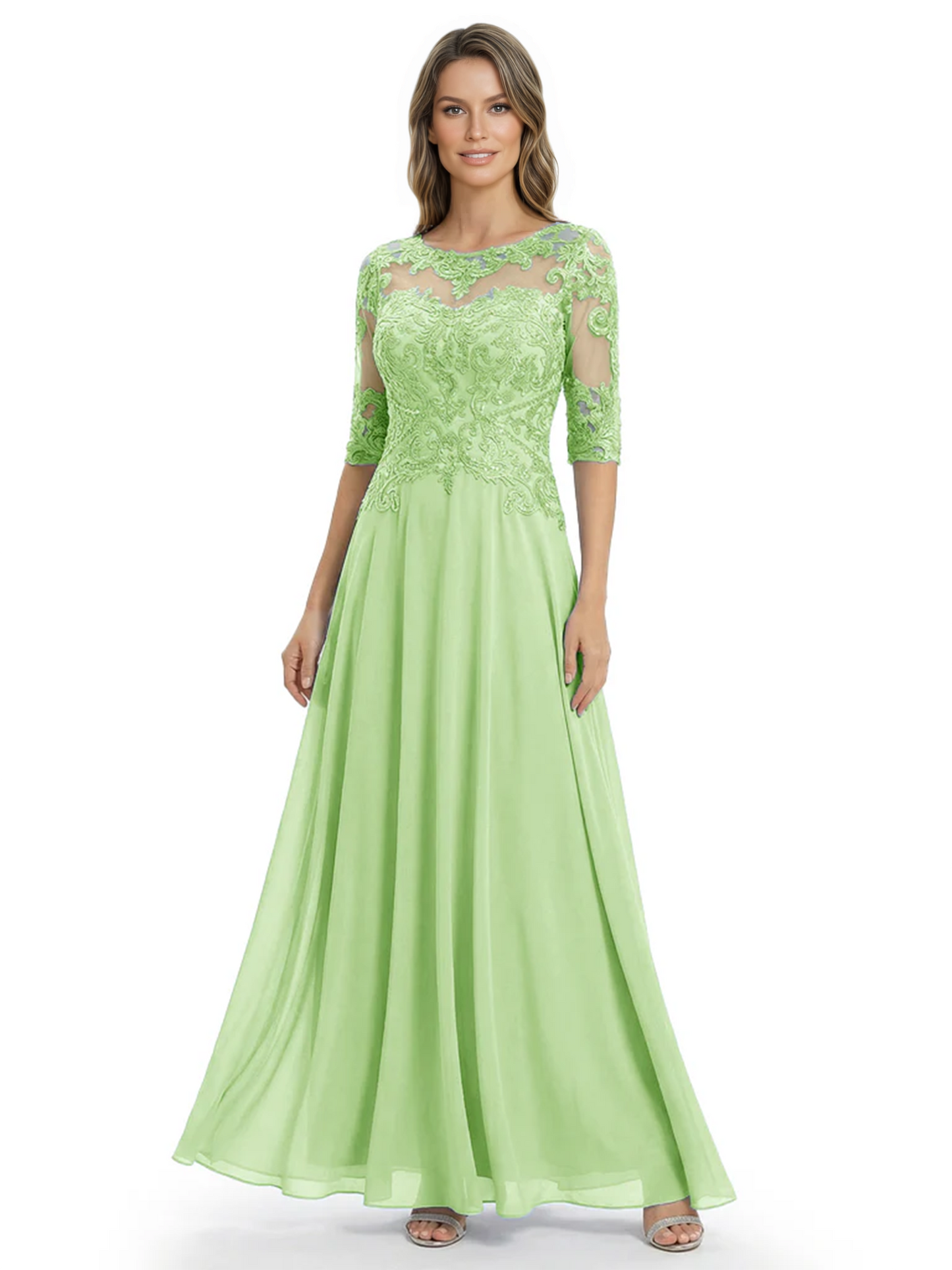 Illusion Neck Mother of the Bride Dress Half Sleeve Lace Applique Gowns Chiffon