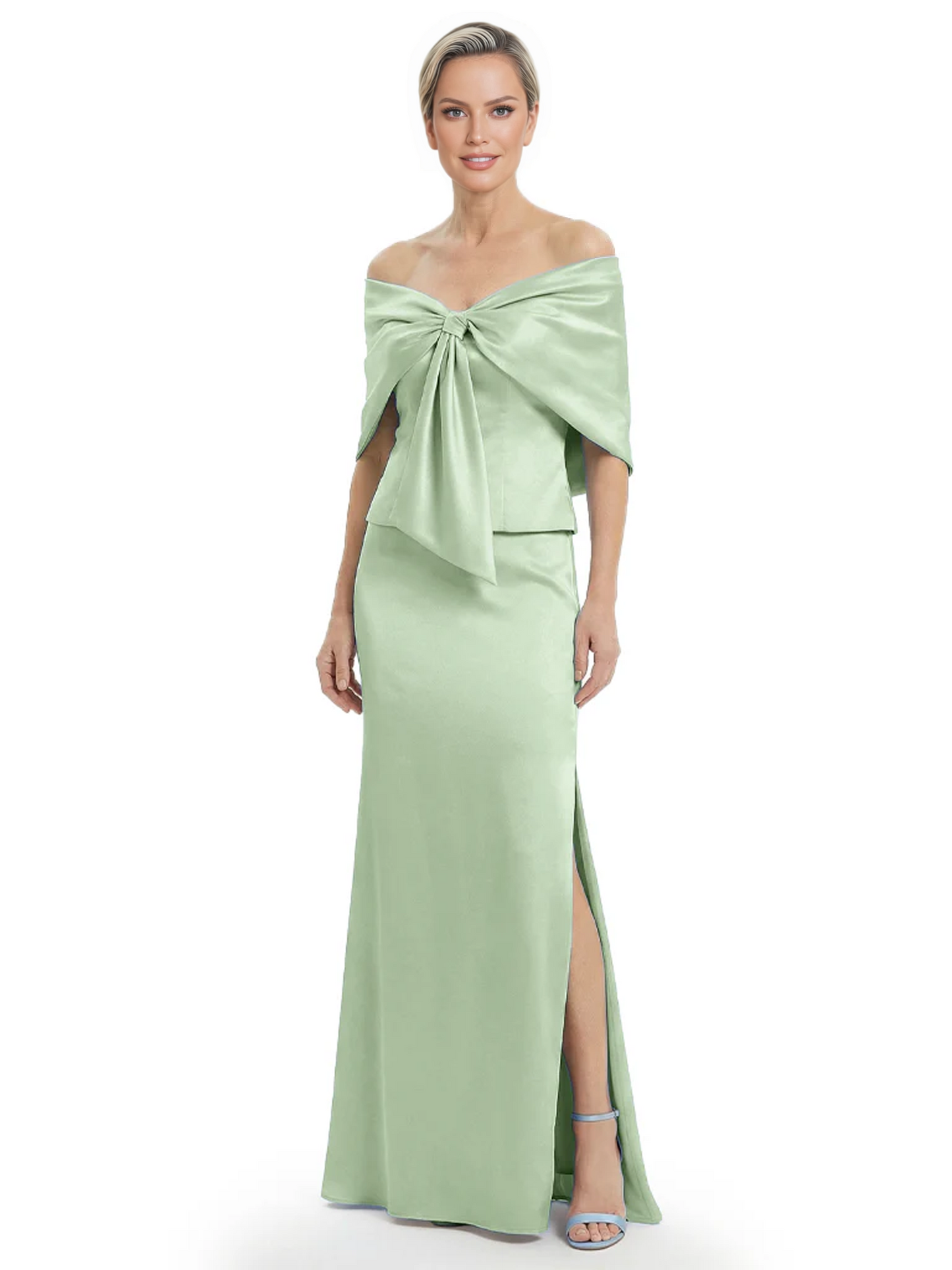 Formal Floor-Length Mother of the Bride Gown Satin Maxi Dress with Bow Neckline