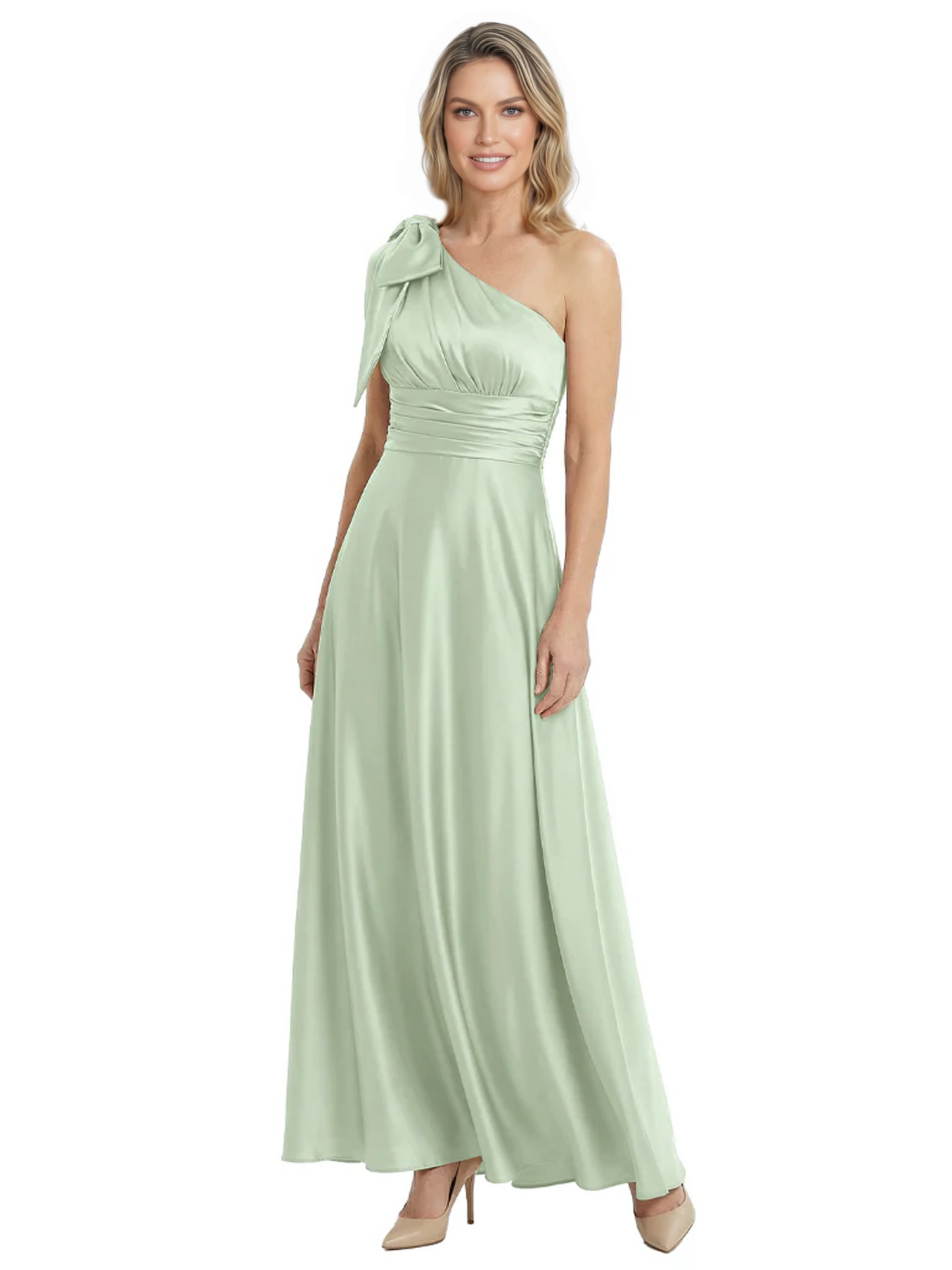 One-Shoulder Mother of the Bride Dress Satin Gown with Bow Ruched Empire Waist