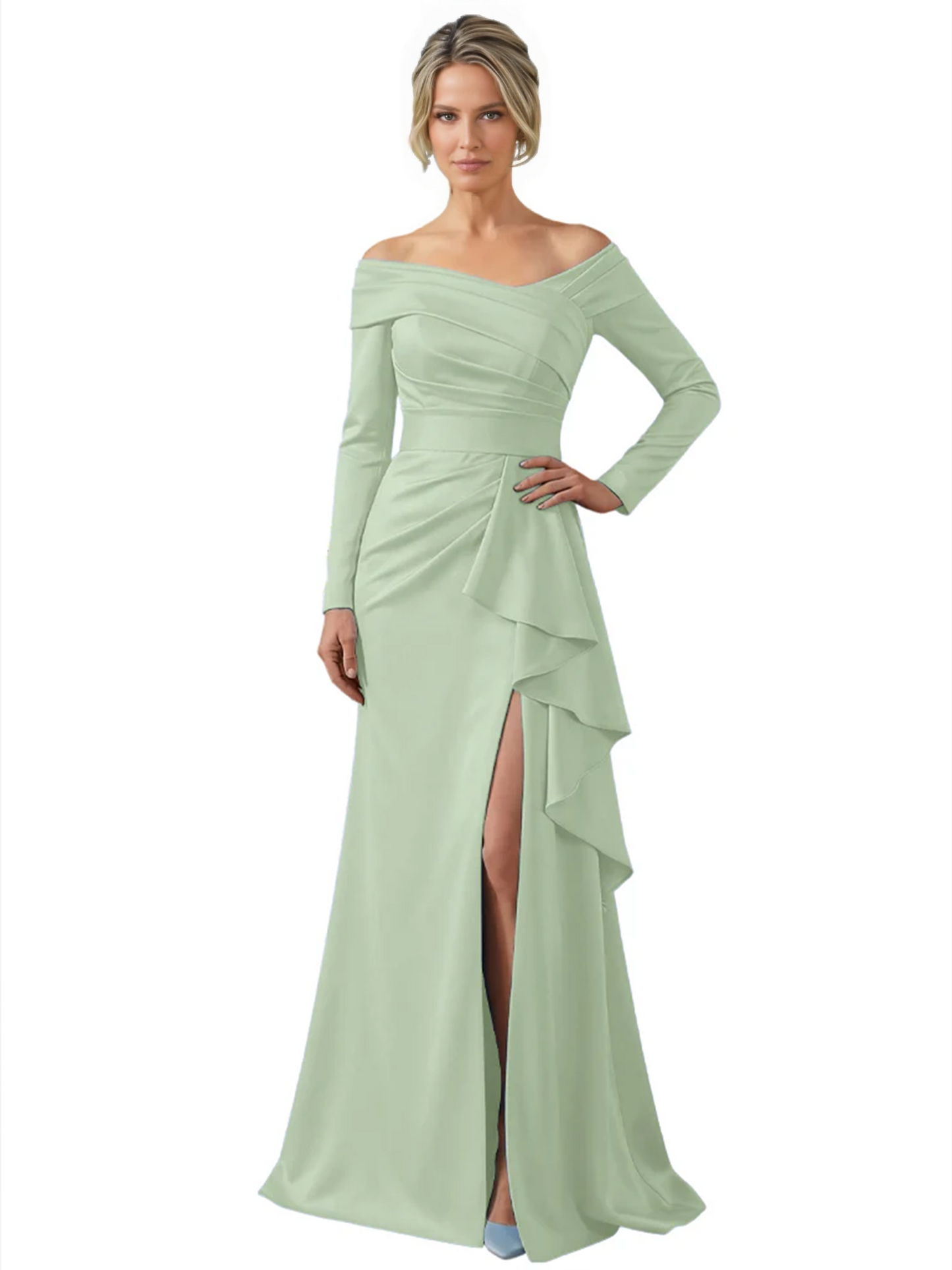Elegant Mother of the Groom Dress Cascading Ruffle Satin Gown with High Slit Long Sleeves