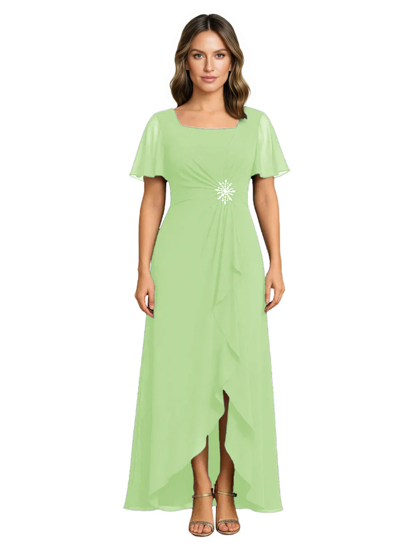 Formal High-Low Mother of the Bride Gown Sleeved Chiffon Maxi Dress Ruched Waist