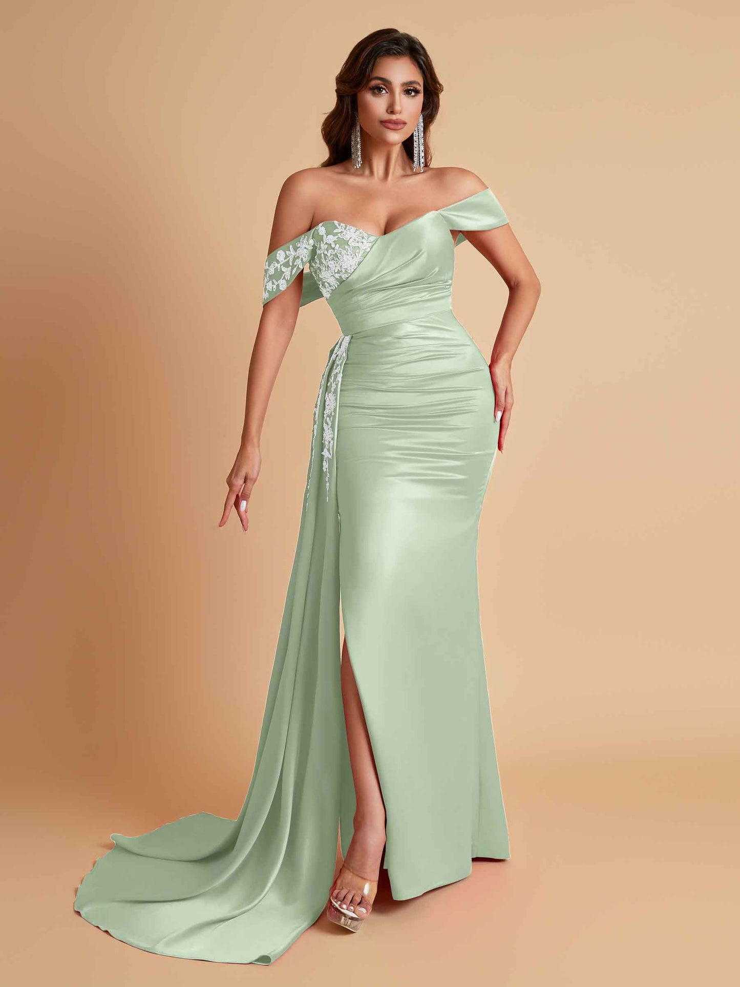 Elegant Soft Satin Mermaid Off Shoulder Floor-Length Mermaid Bridesmaid Dresses
