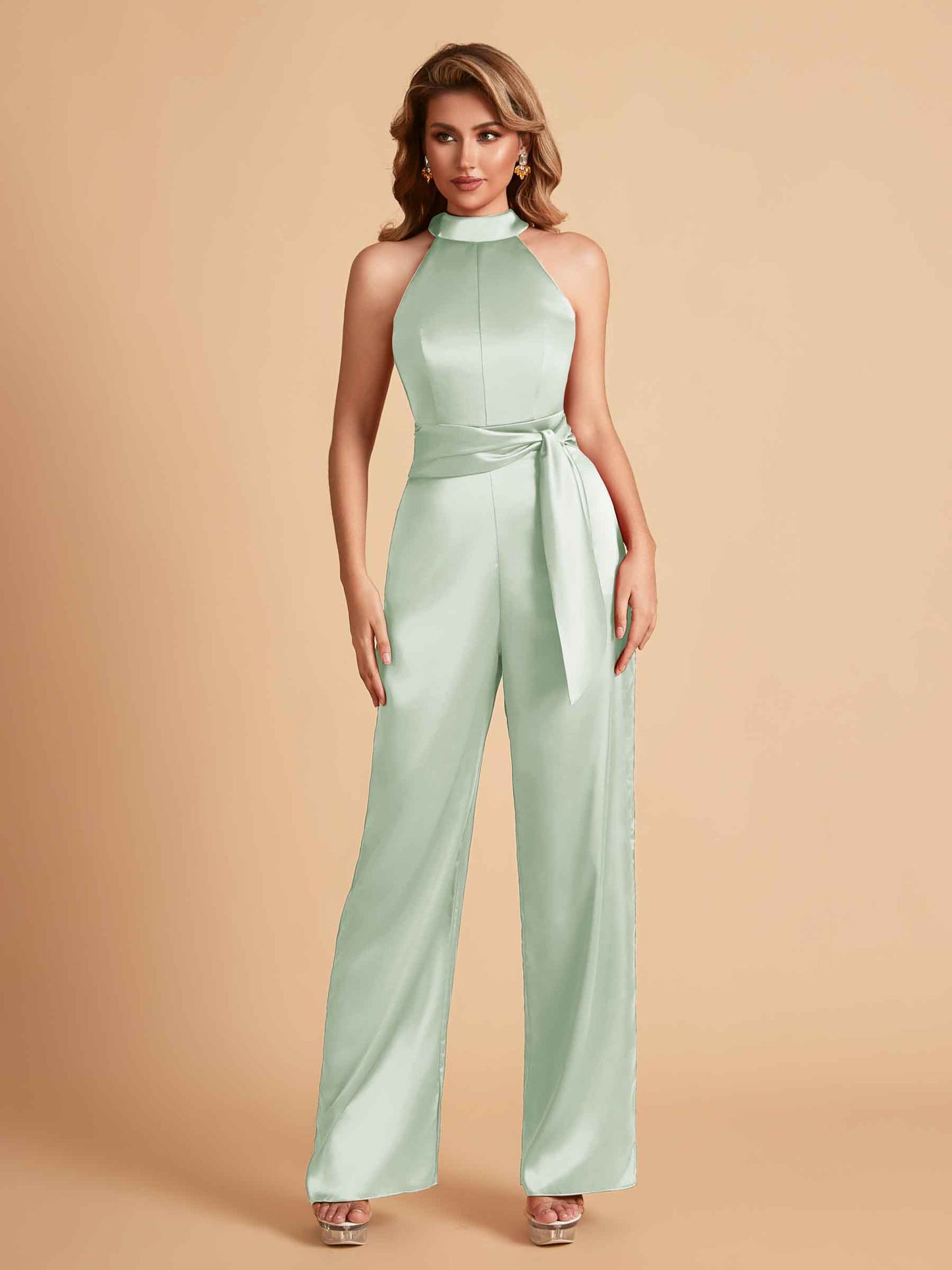 Elegant Satin Halter Sleeveless Satin Floor Length Bridesmaid Jumpsuit