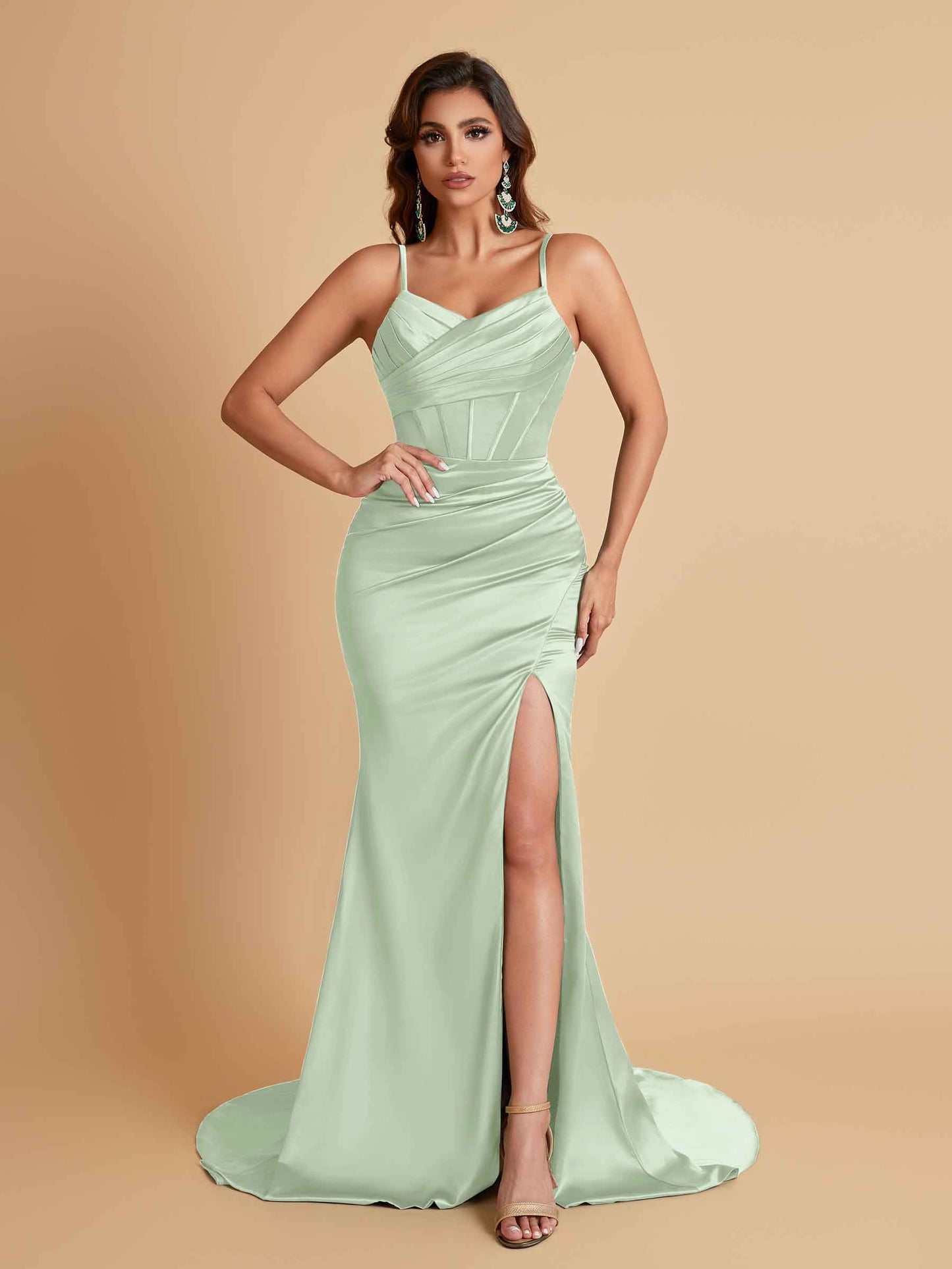 Sexy Spaghetti Straps V Neck Soft Satin Side Slit Floor-Length Mermaid Bridesmaid Dresses