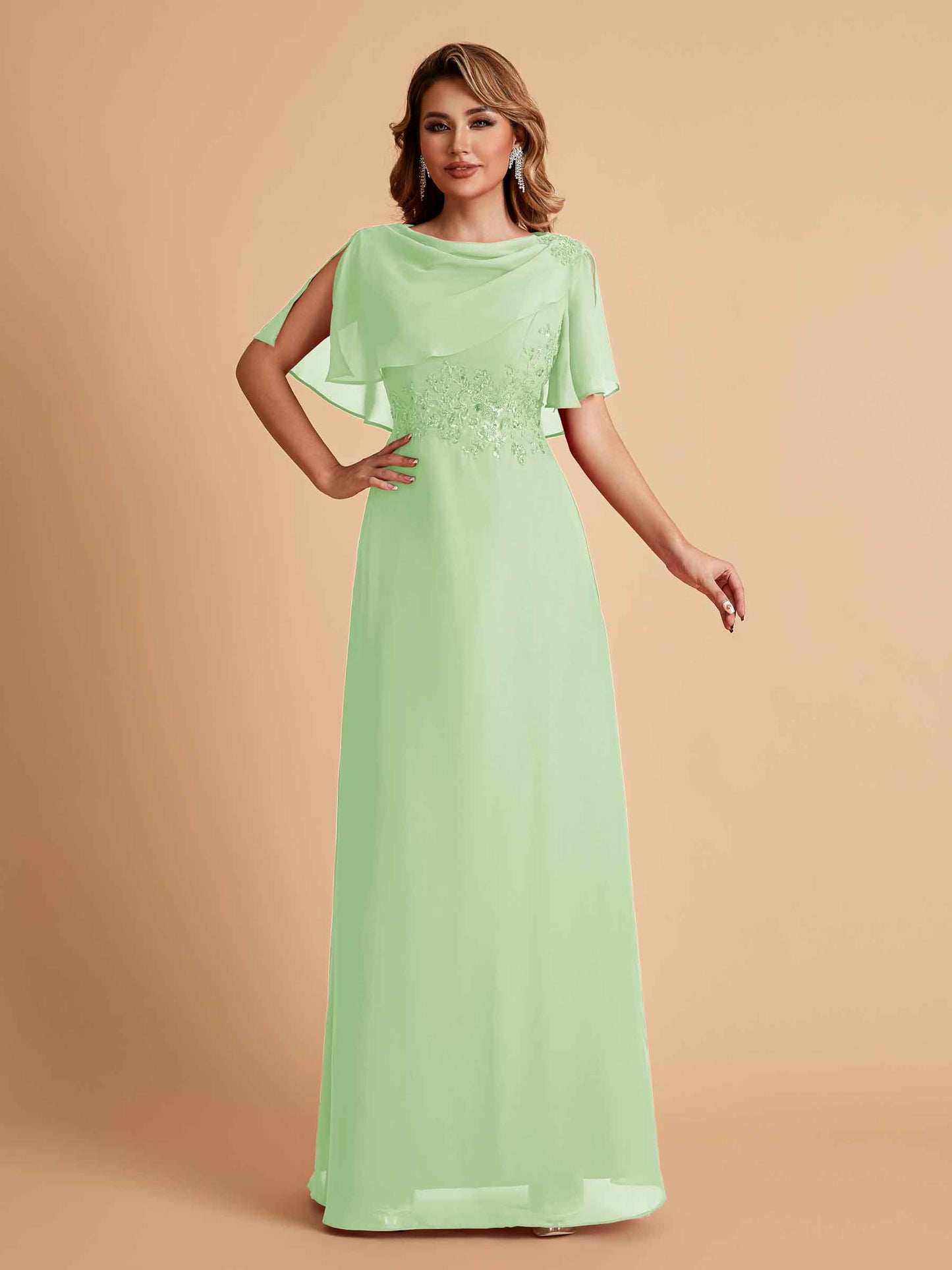 Elegant A-Line Chiffon Half Sleeves Jewel Mother of the Brides Dresses Online