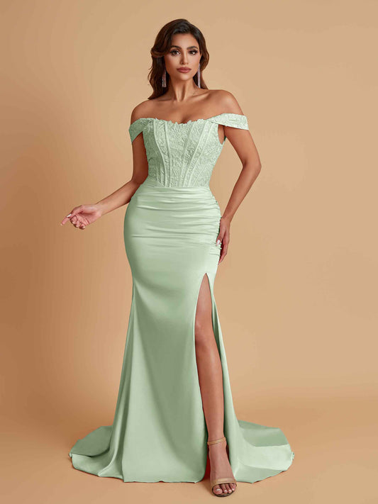 Elegant Soft Satin Mermaid Off Shoulder Side Slit Floor-Length Mermaid Bridesmaid Dresses